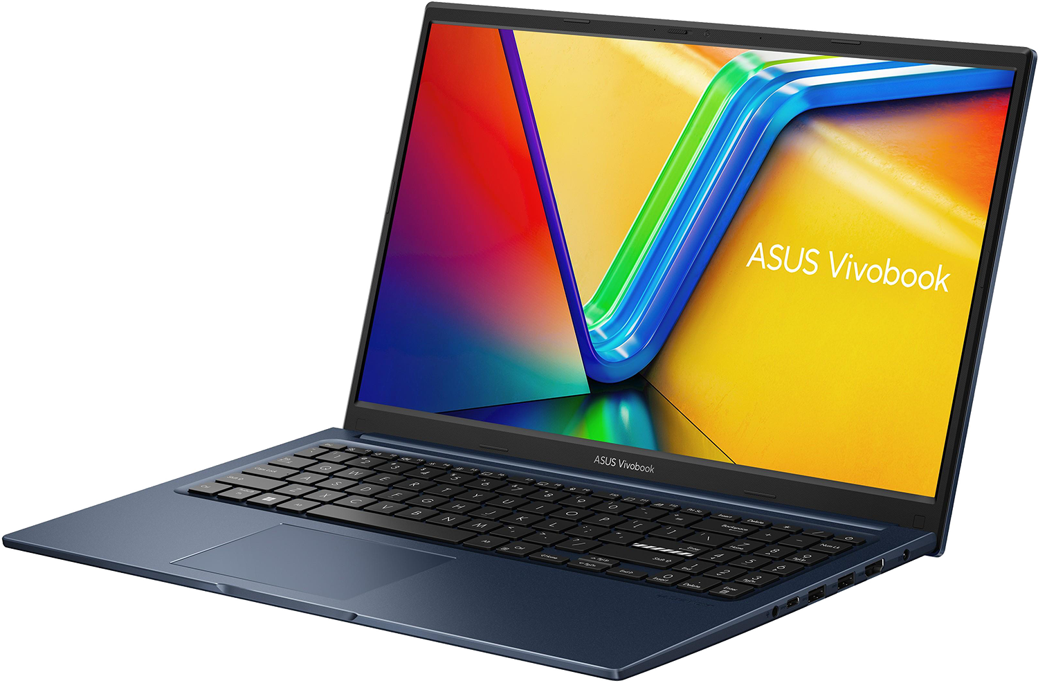 Kék Asus Vivobook laptop billentyűzettel és élénk képernyővel.