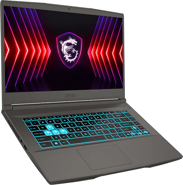 Szürke MSI laptop sárkány logóval és neon billentyűzetvilágítással.
