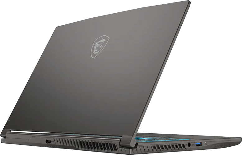 Egy zárt, sötétszürke laptop MSI logóval a fedelén.