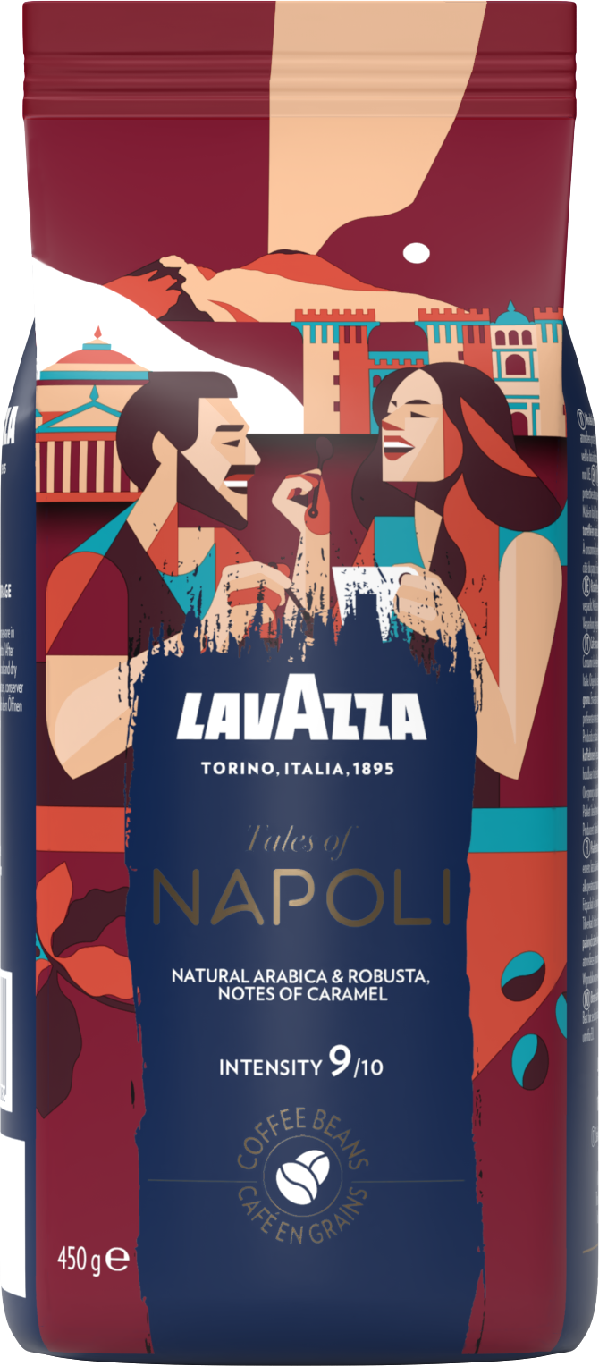 Lavazza Kaffee "Tales of Napoli" mit stilisiertem Paar vor Gebäuden und Bergen.