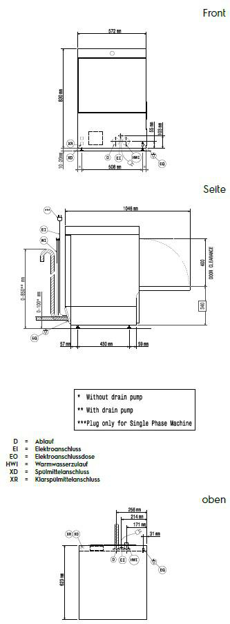 Technische Zeichnung einer Spülmaschine mit Maßen und Anschlüssen.
