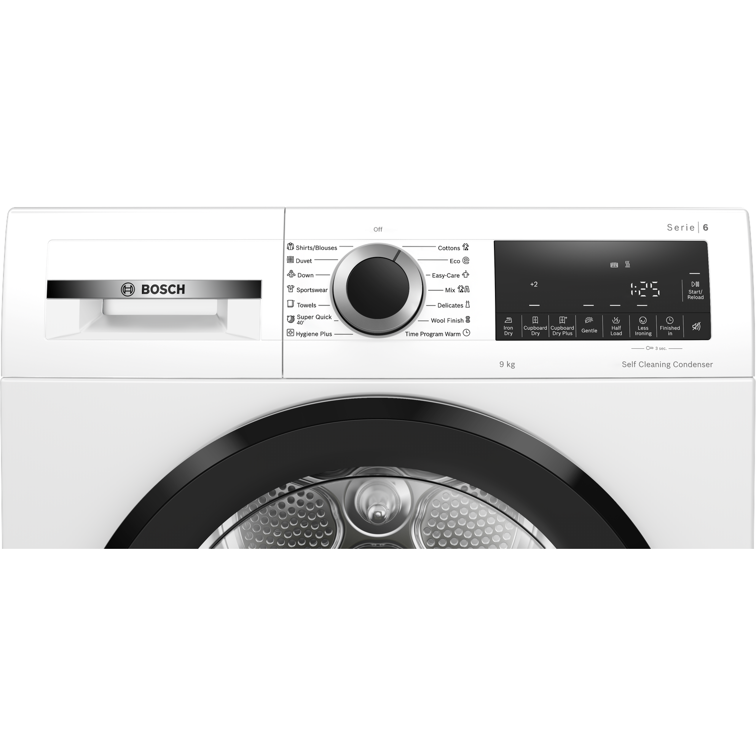 Bosch Serie 6 dryer with digital display and program selection dial.