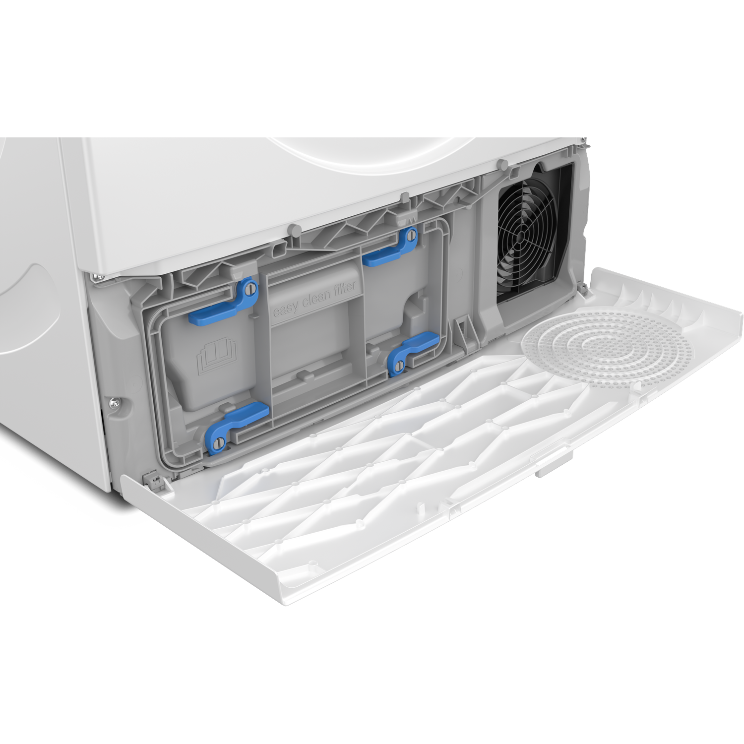 A white dryer with an open flap revealing a compartment with blue handle and fan.