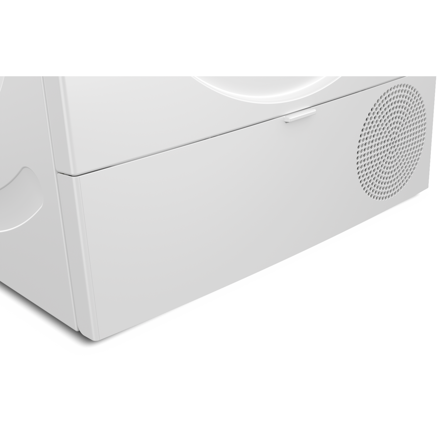 White washing machine with a round vent grille on the right side.