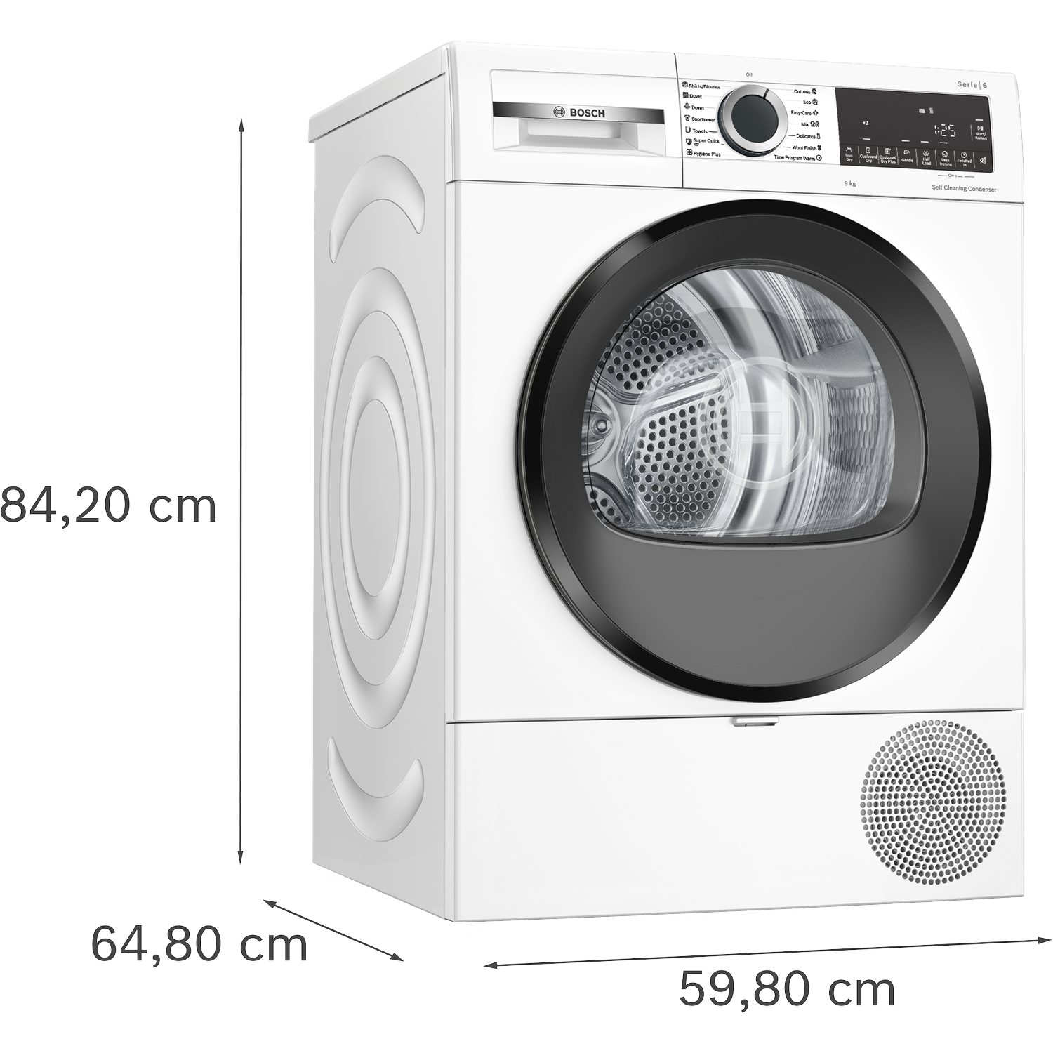 White Bosch Serie 6 tumble dryer with black door and control panel.