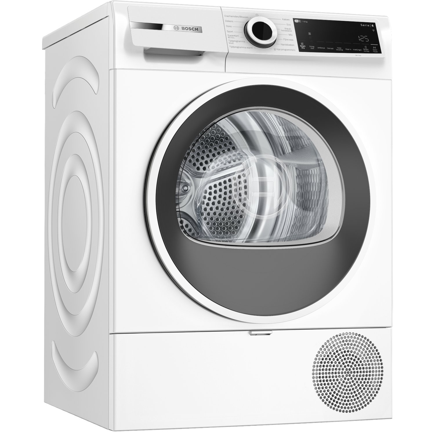 White Bosch dryer with digital display and round door.