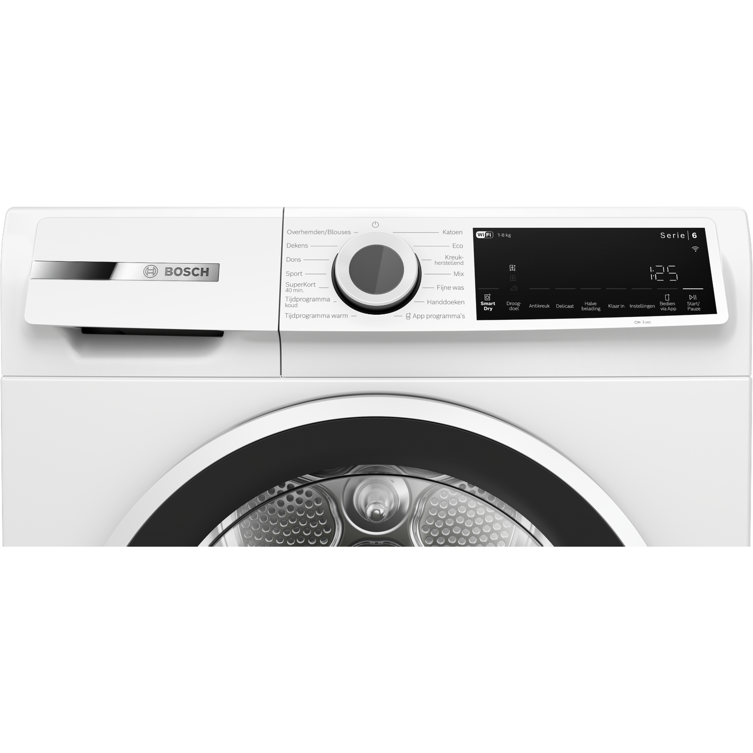White Bosch washing machine with control panel, dial, and digital display.