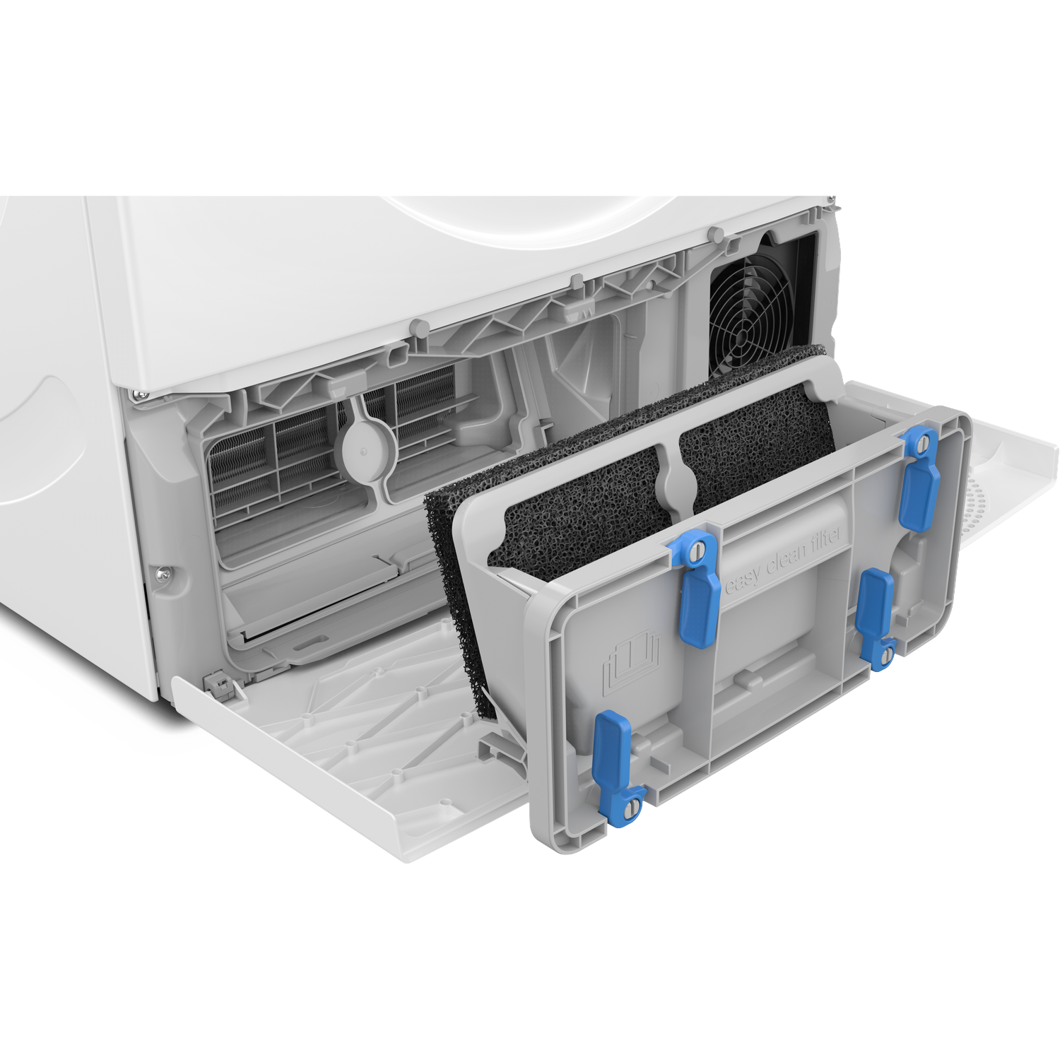 A white dryer with an accessible filter compartment and a black foam filter.