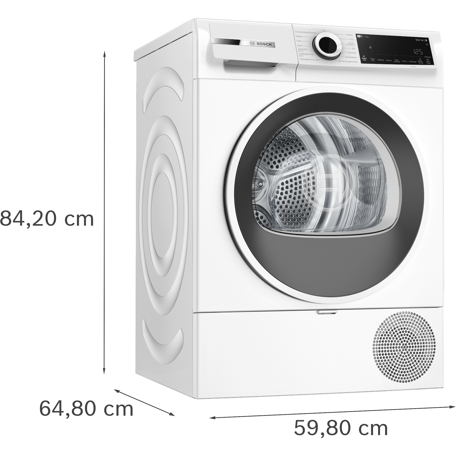 Front view of a white Bosch dryer with dimensions.