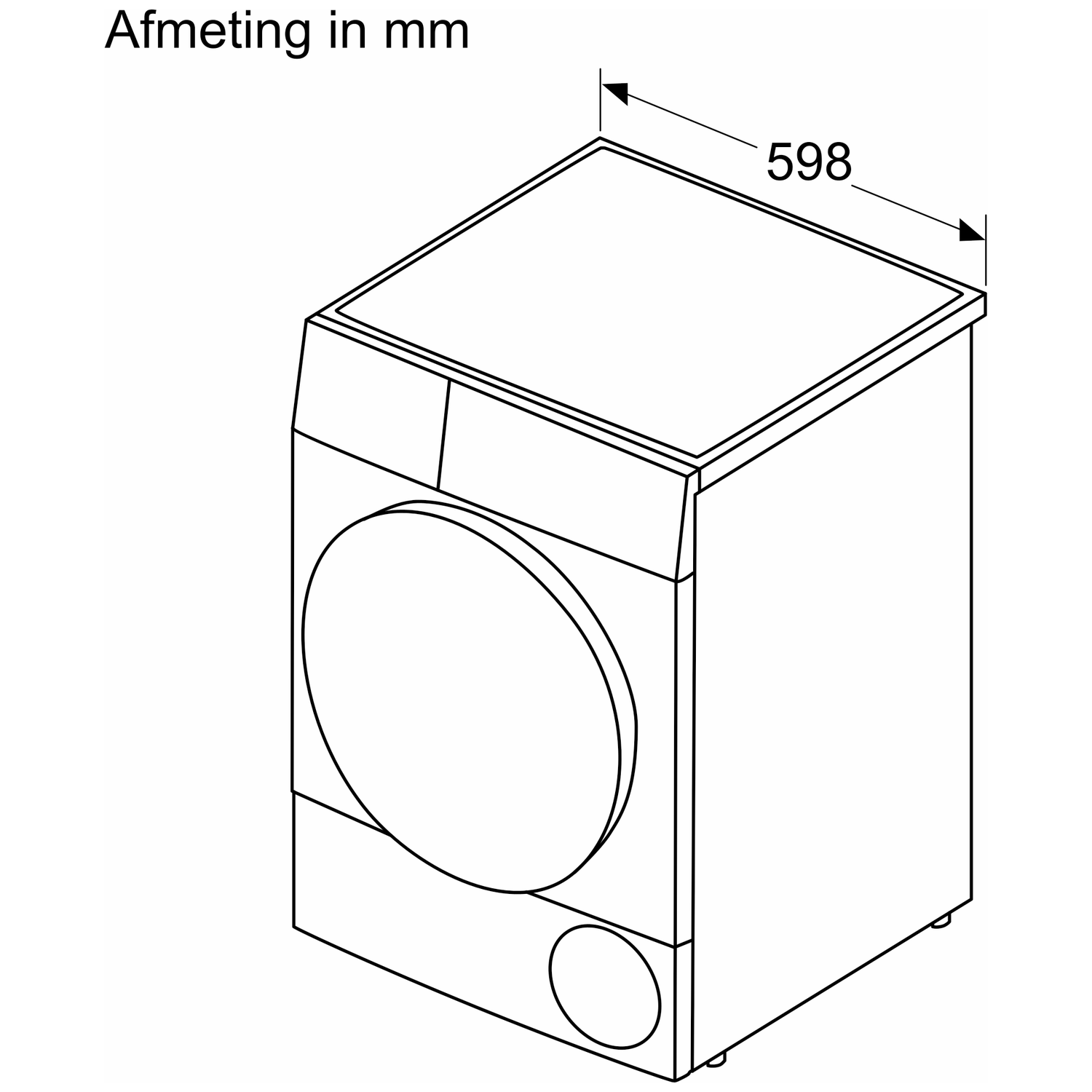 Technical drawing of a washing machine with a width of 598 mm.