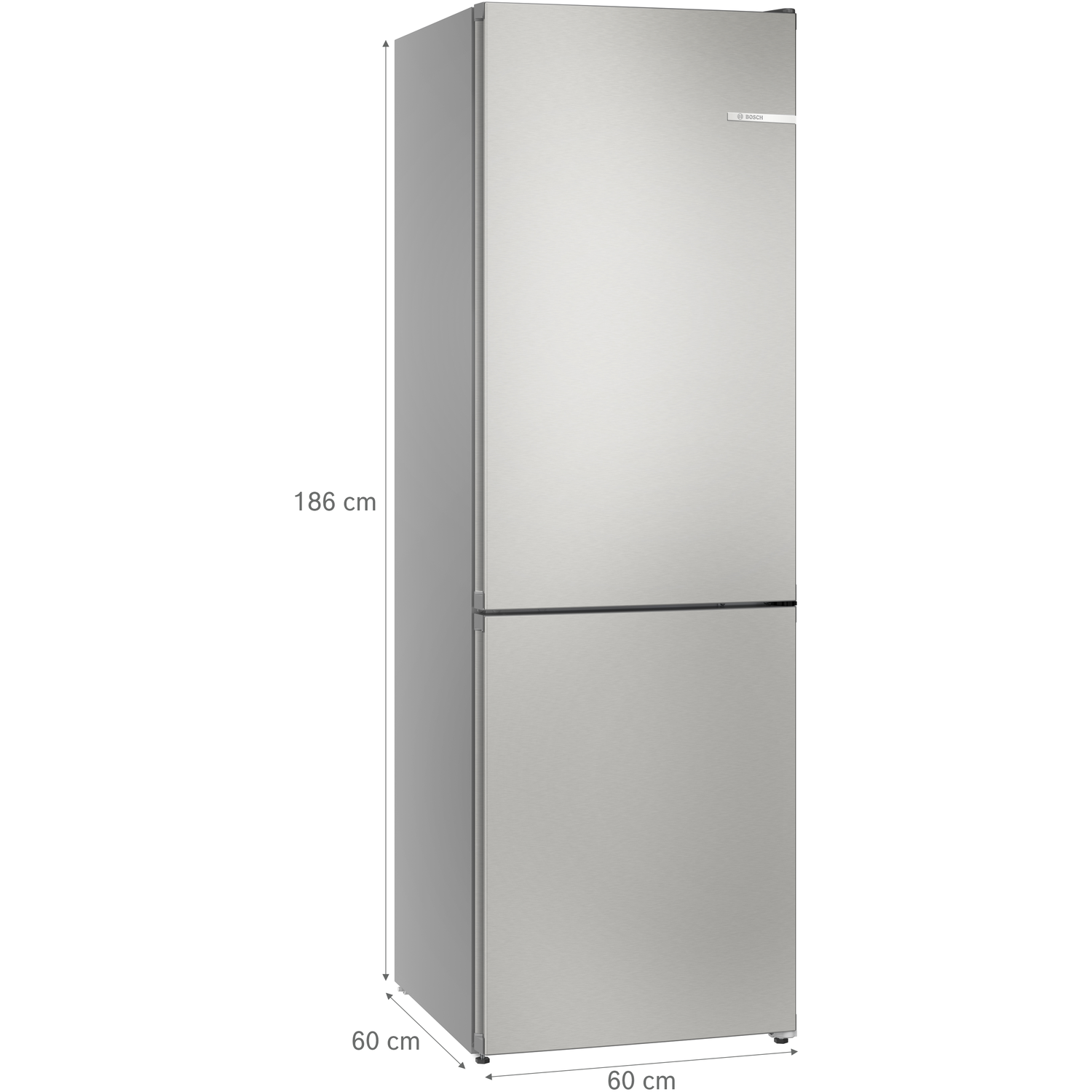 Een zilveren Bosch koelkast met twee deuren. H:186cm, B:60cm, D:60cm.