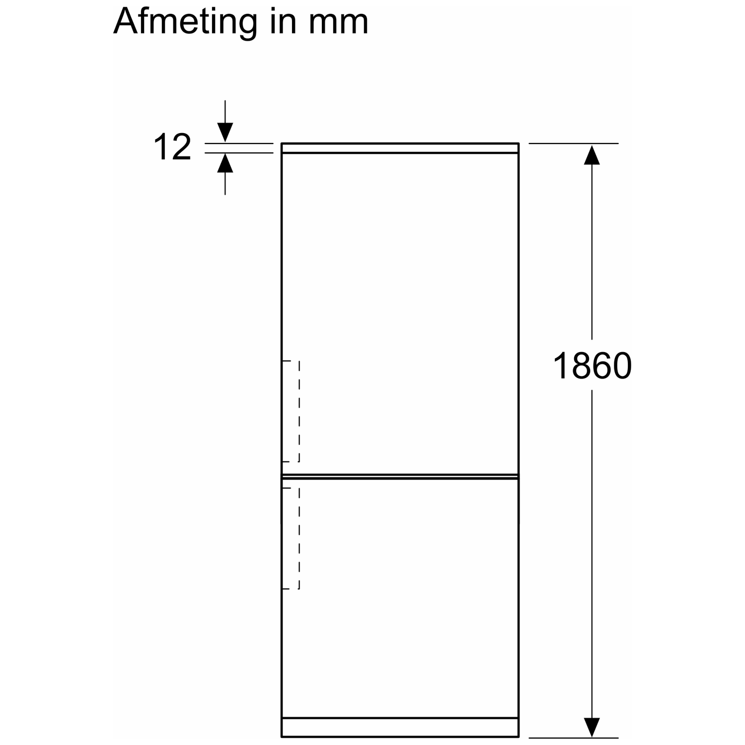 Technische tekening van een apparaat met afmetingen: hoogte 1860 mm, dikte 12 mm.