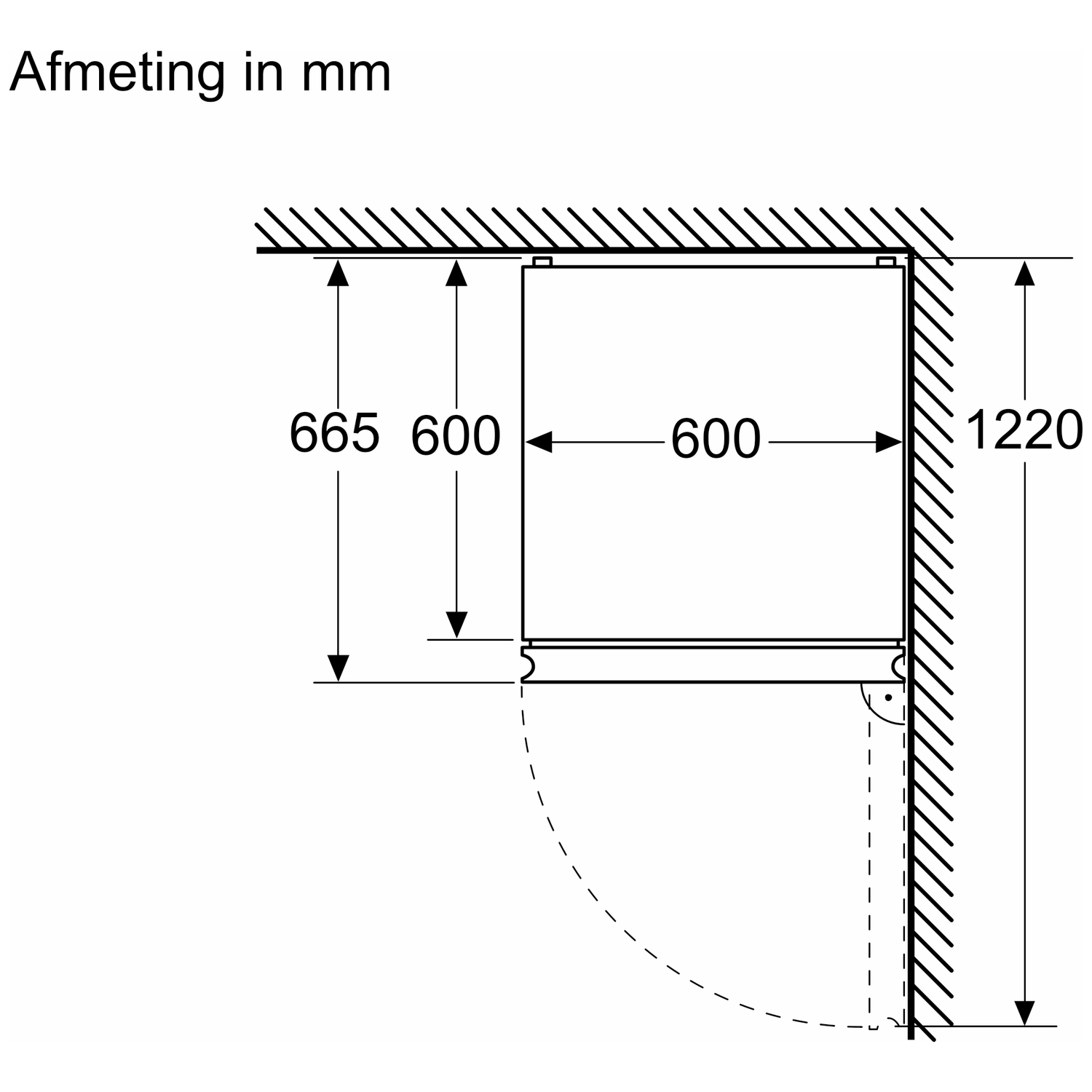 Technische tekening met afmetingen in mm. Een inbouwapparaat van 600mm breed en 665/1220mm hoog.