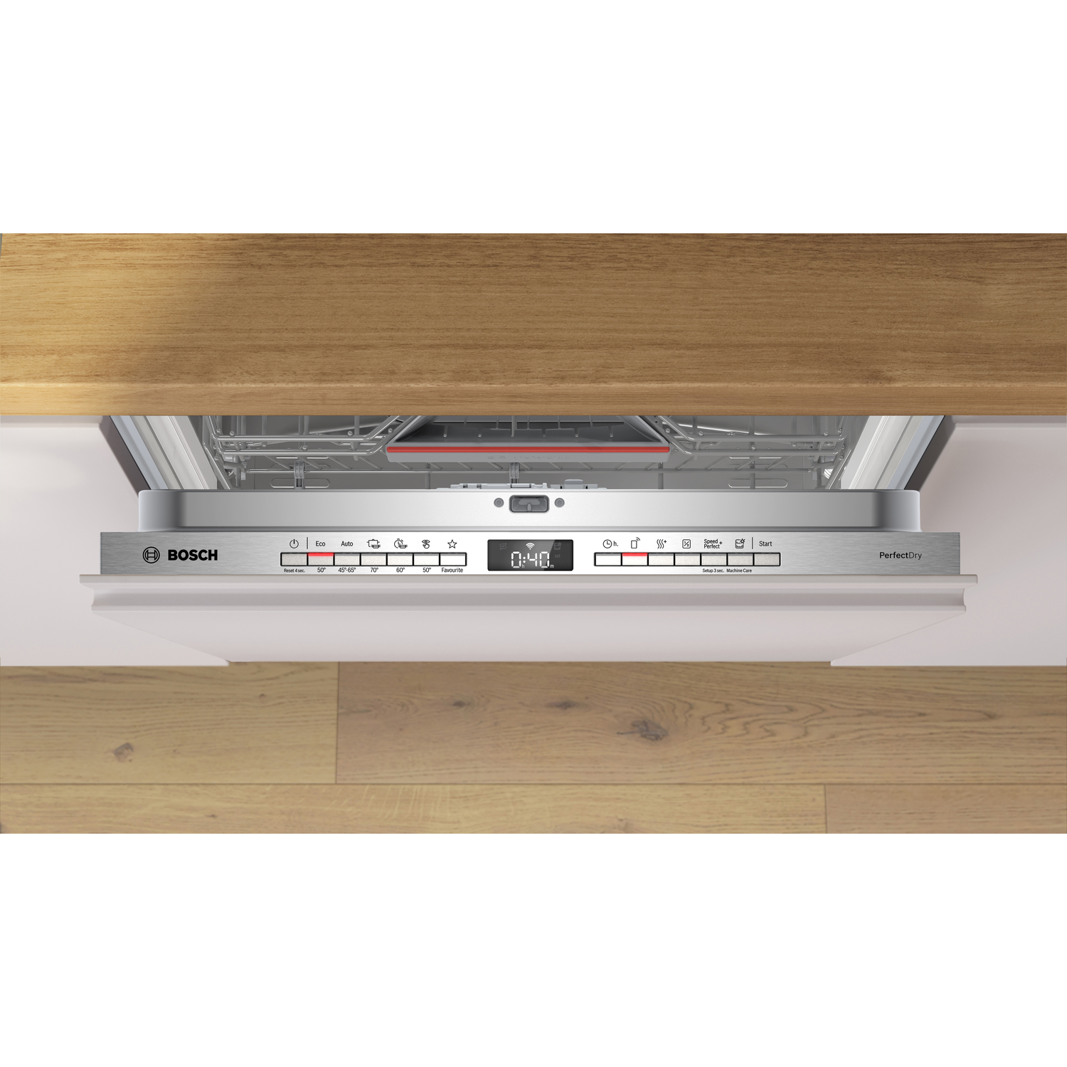 Bosch vaatwasser bedieningspaneel met digitaal display en programmaknoppen.