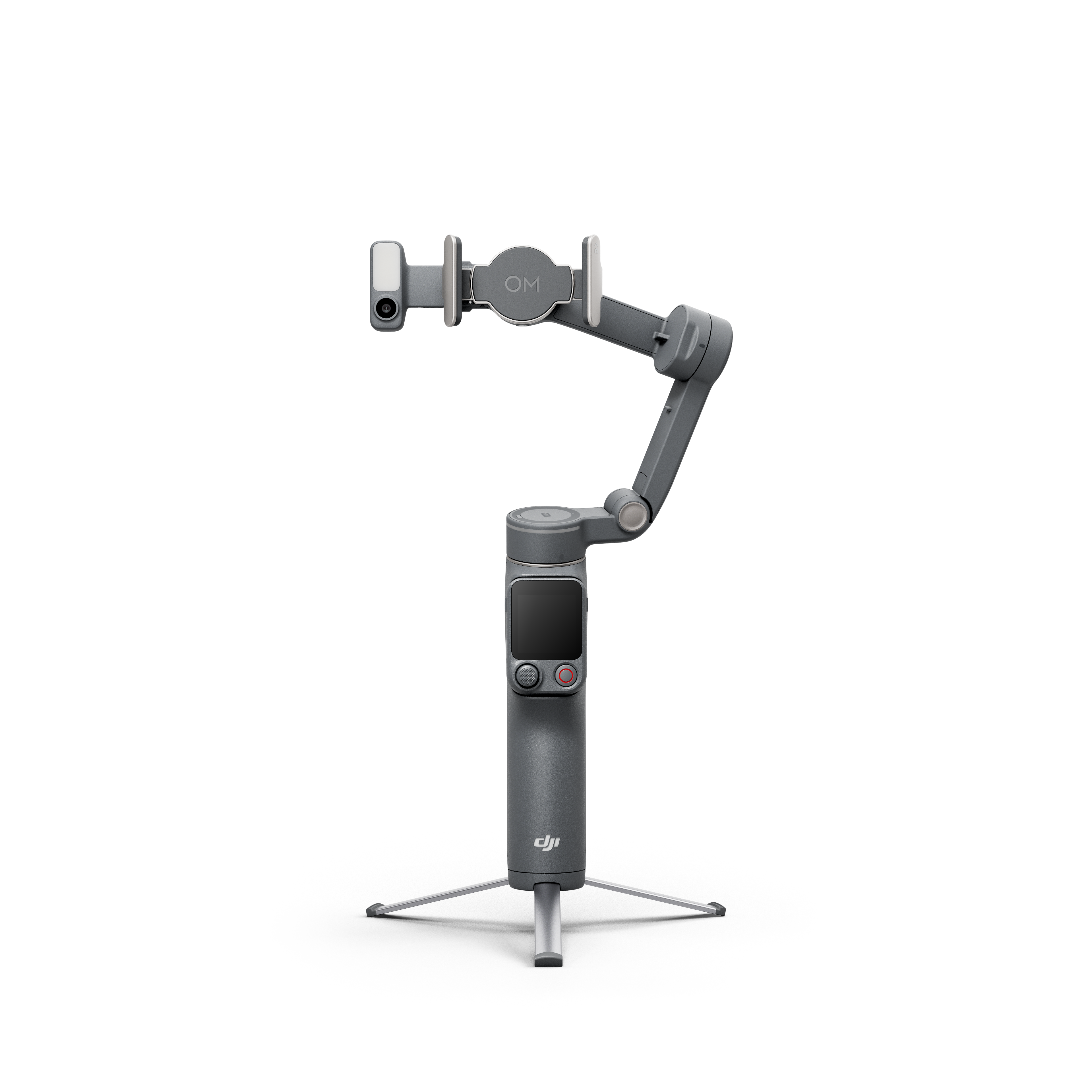 Grauer Gimbal mit Stativ und Smartphone-Halterung auf schwarzem Hintergrund.