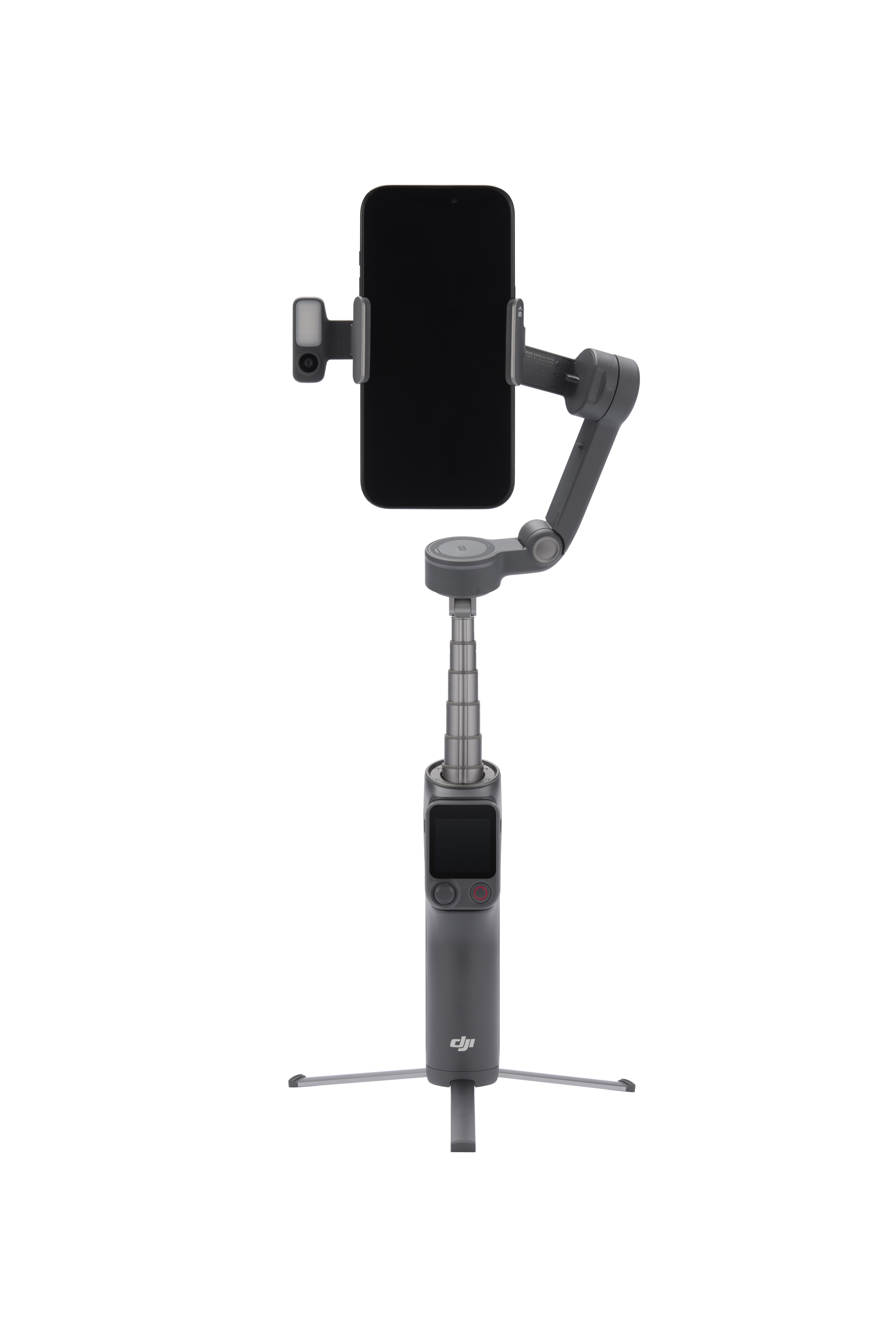 Ein graues Smartphone wird von einem Gimbal-Stabilisator gehalten, der auf einem Stativ steht.