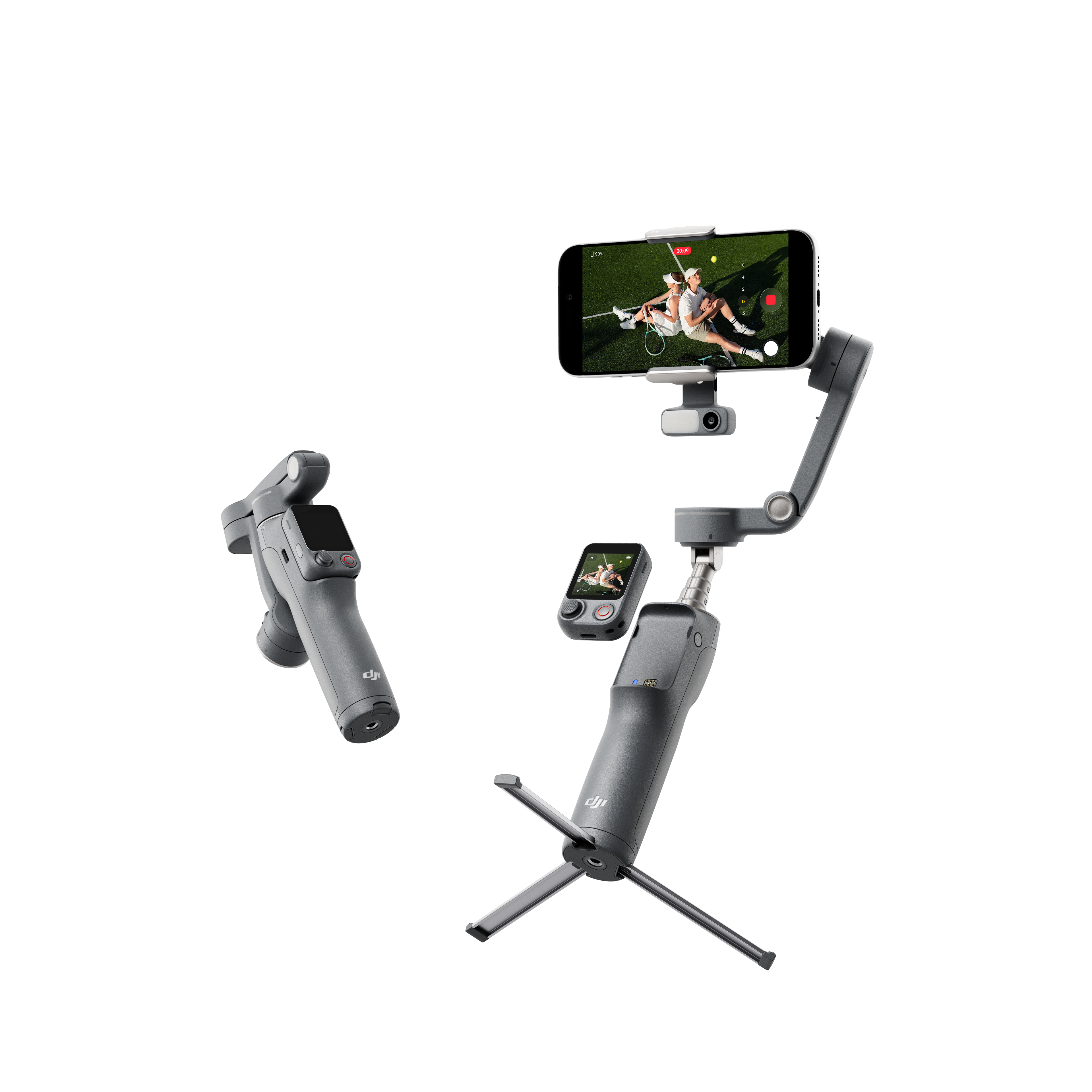 Grauer Gimbal mit Handy, das ein Paar zeigt, und ein weiteres Gimbal mit kleinem Bildschirm.