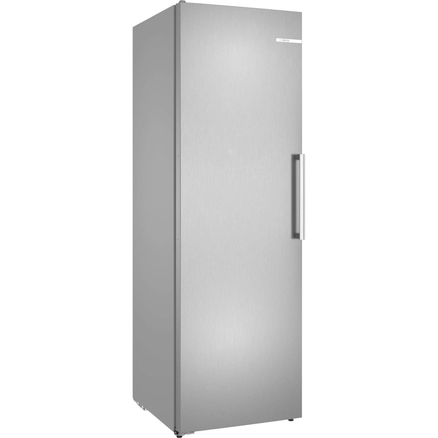 A sleek, silver Bosch freezer with a vertical handle, standing alone.