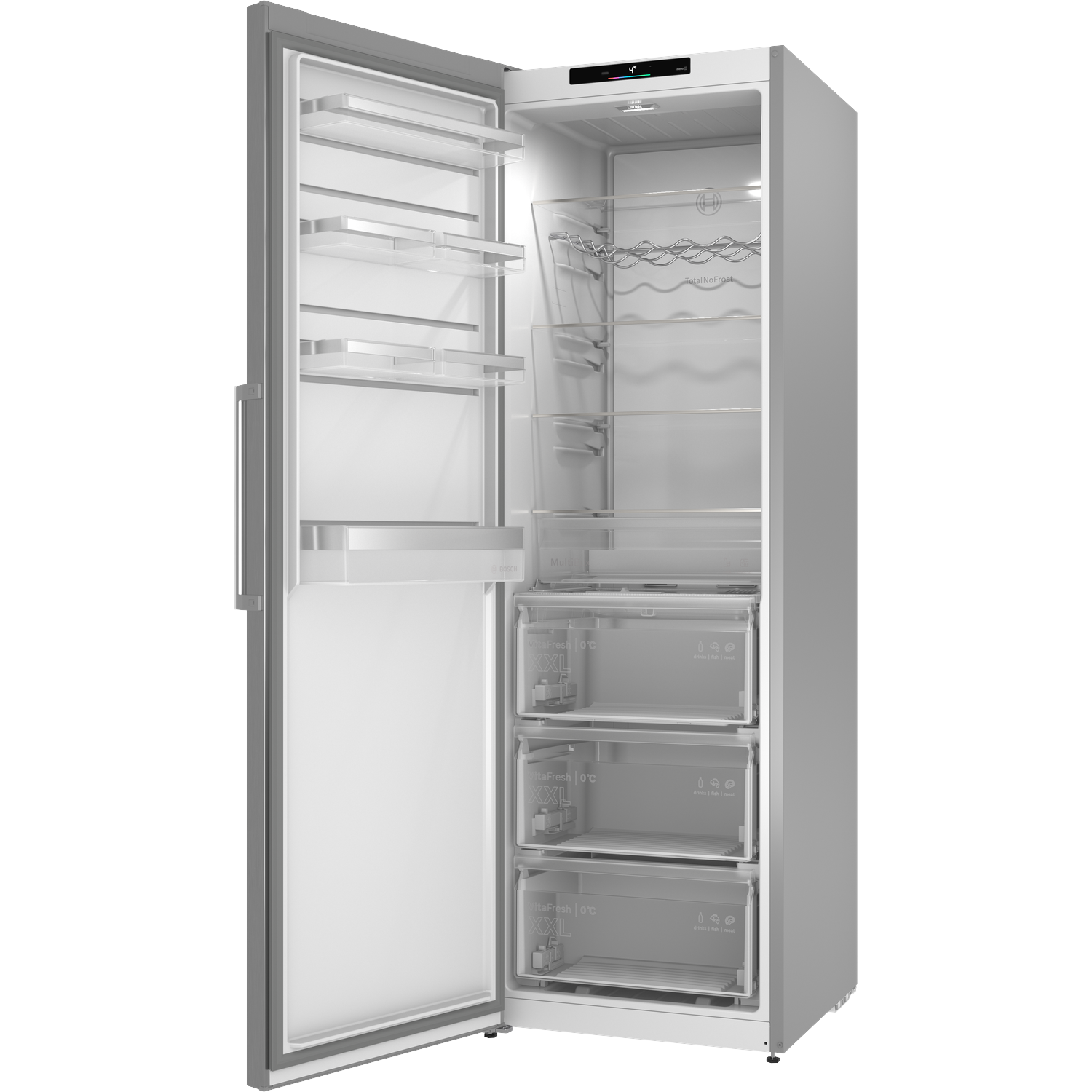 Open refrigerator with glass shelves, bottle rack, and three VitaFresh drawers.