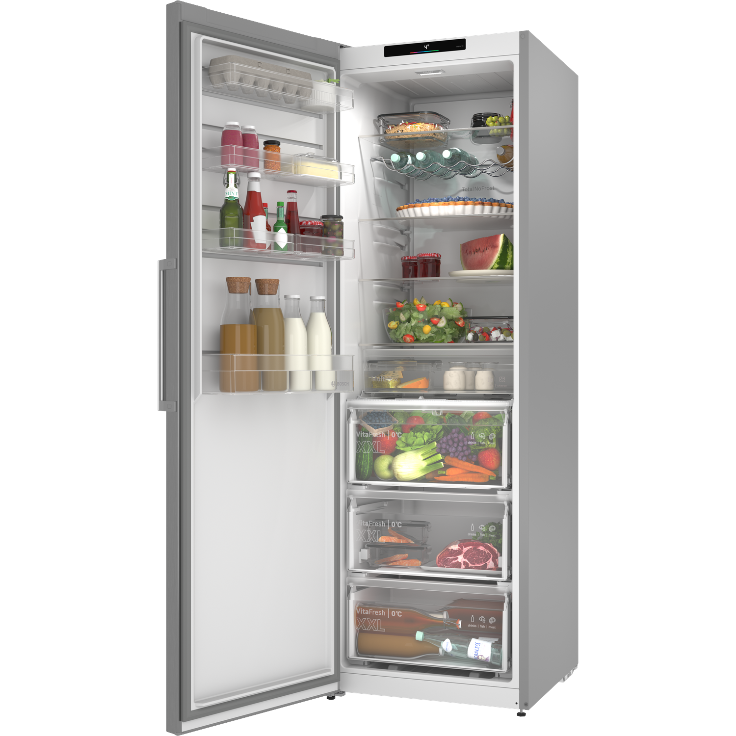 Open refrigerator filled with food items and drawers.