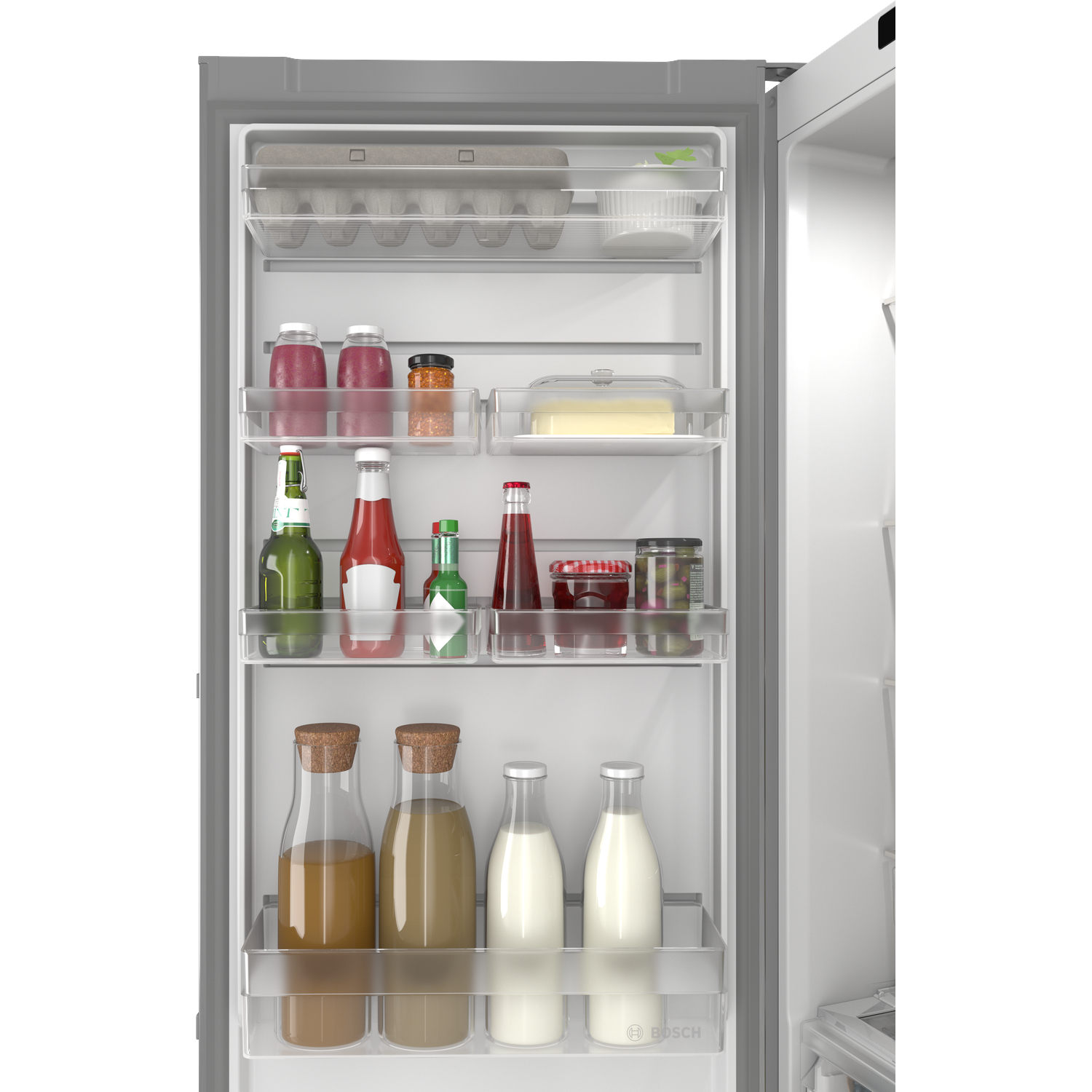 Filled refrigerator door with bottles, jars, and egg cartons.