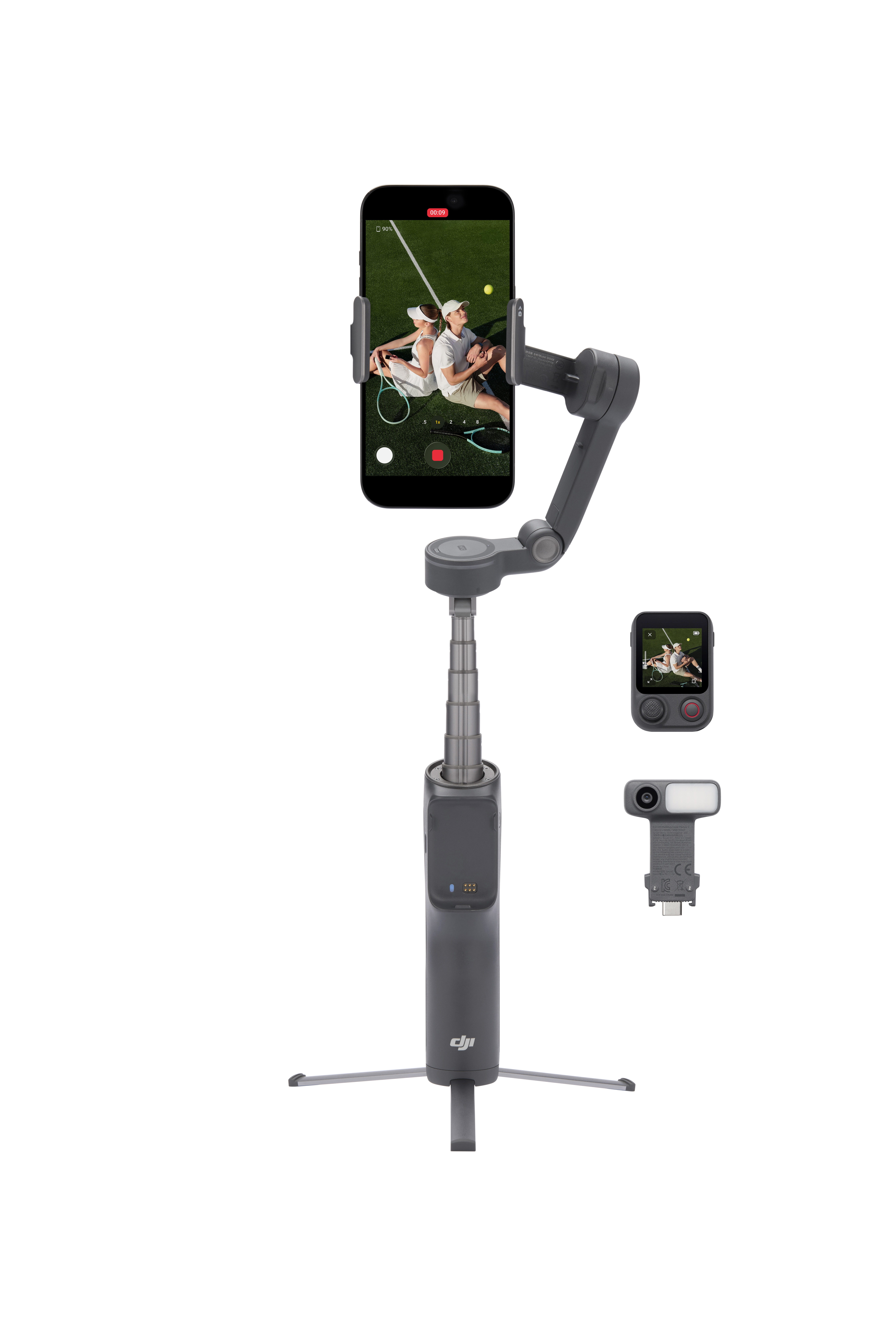 Grauer Gimbal mit ausgefahrenem Stativ, Smartphone mit Tennisspielern, kleines Display und Lichtaufsatz.