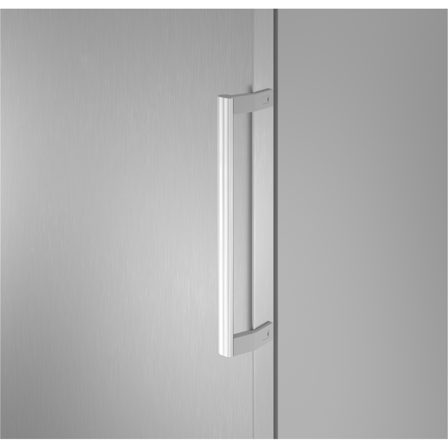 A silver handle on a brushed metal surface.