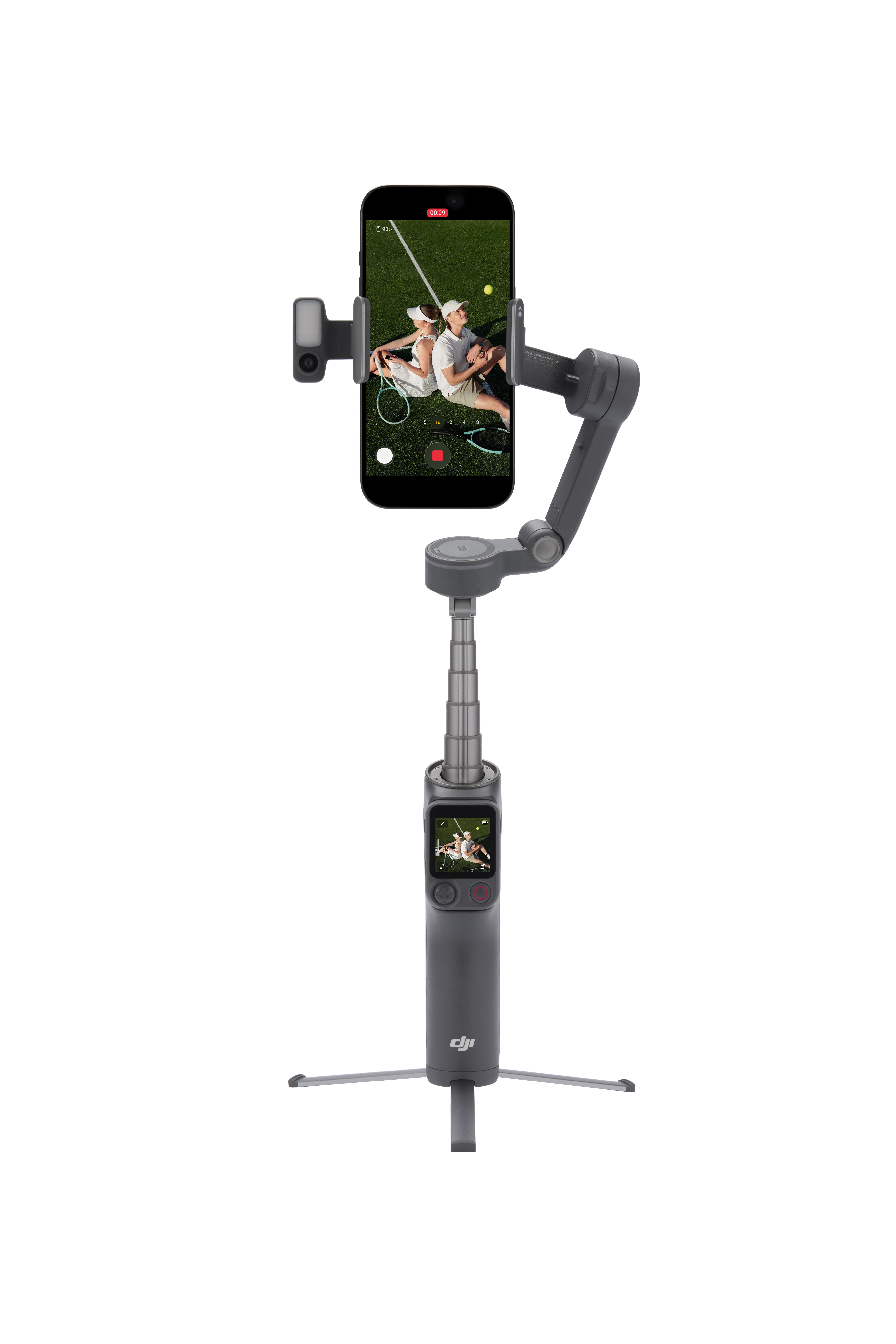Ein grauer Gimbal hält ein Smartphone, das ein Tennispaar zeigt.