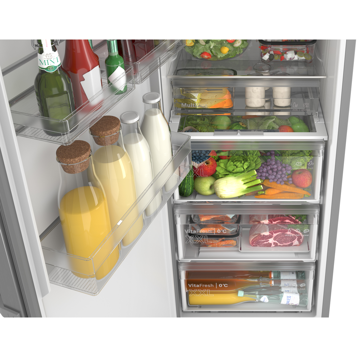 An open refrigerator filled with food items on shelves and in drawers.