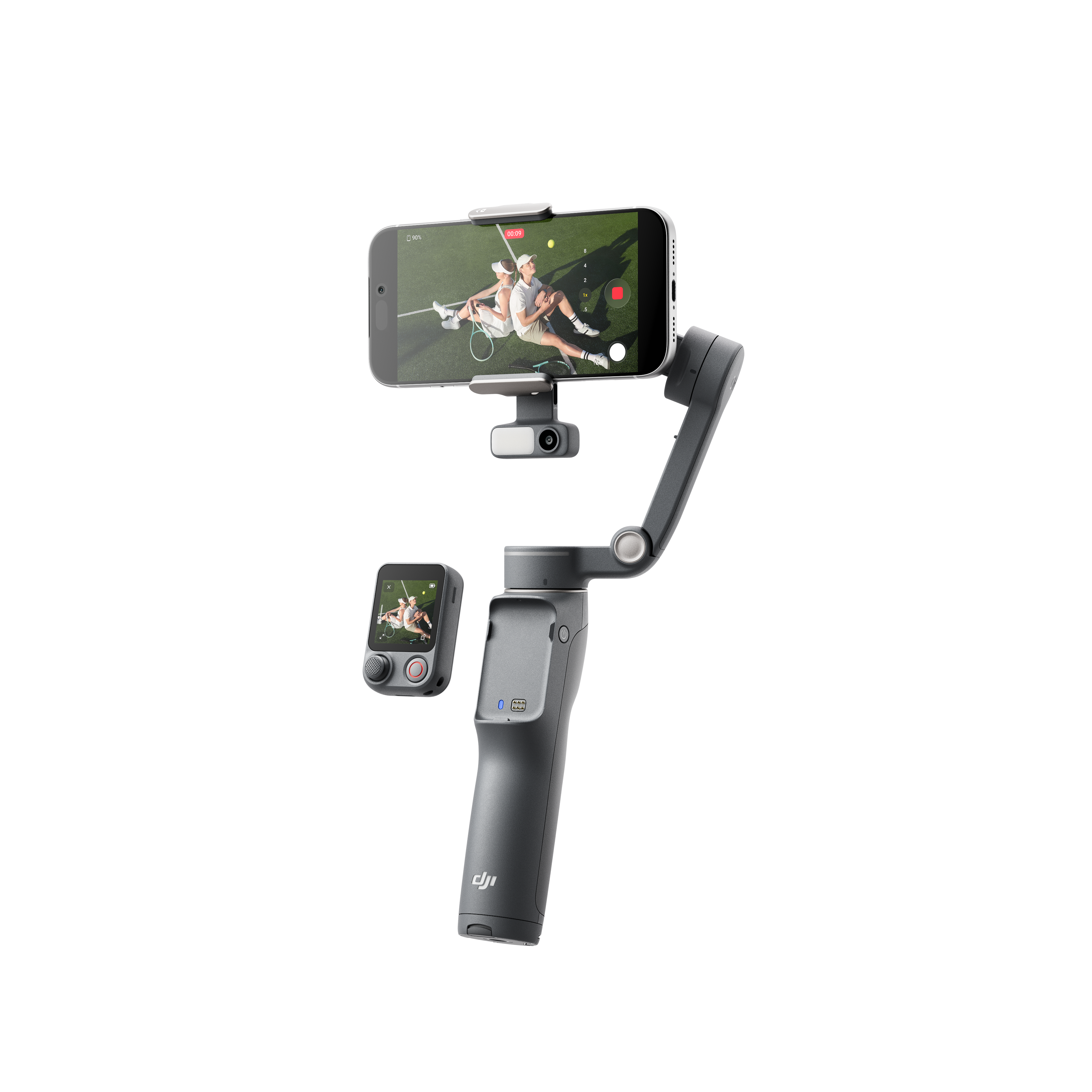 Ein grauer Gimbal mit einem Smartphone, das Tennisspieler zeigt. Ein kleines Display ist daneben.