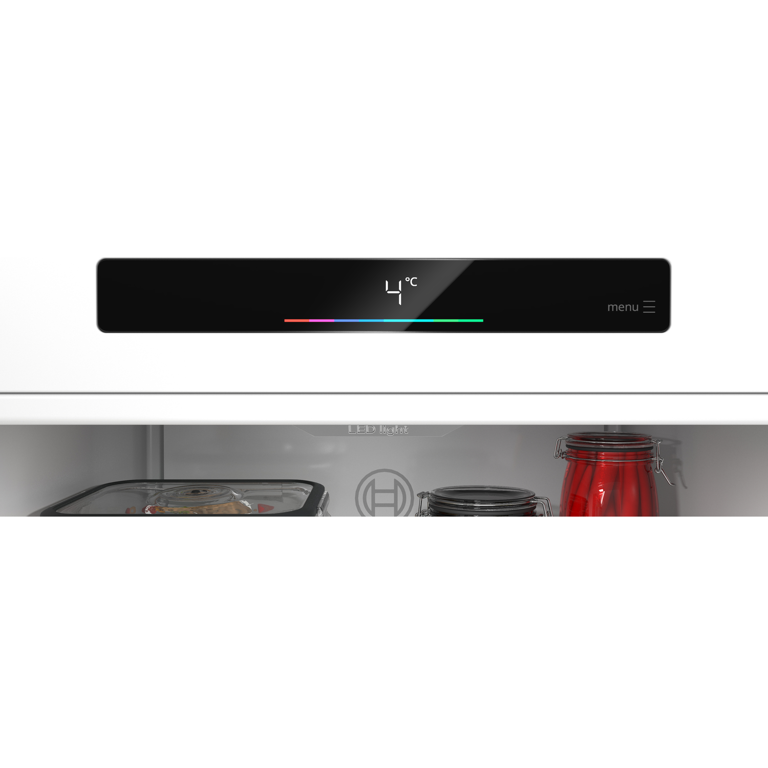 Digital display shows 4°C. Inside fridge: food in container, jars with red and dark contents.