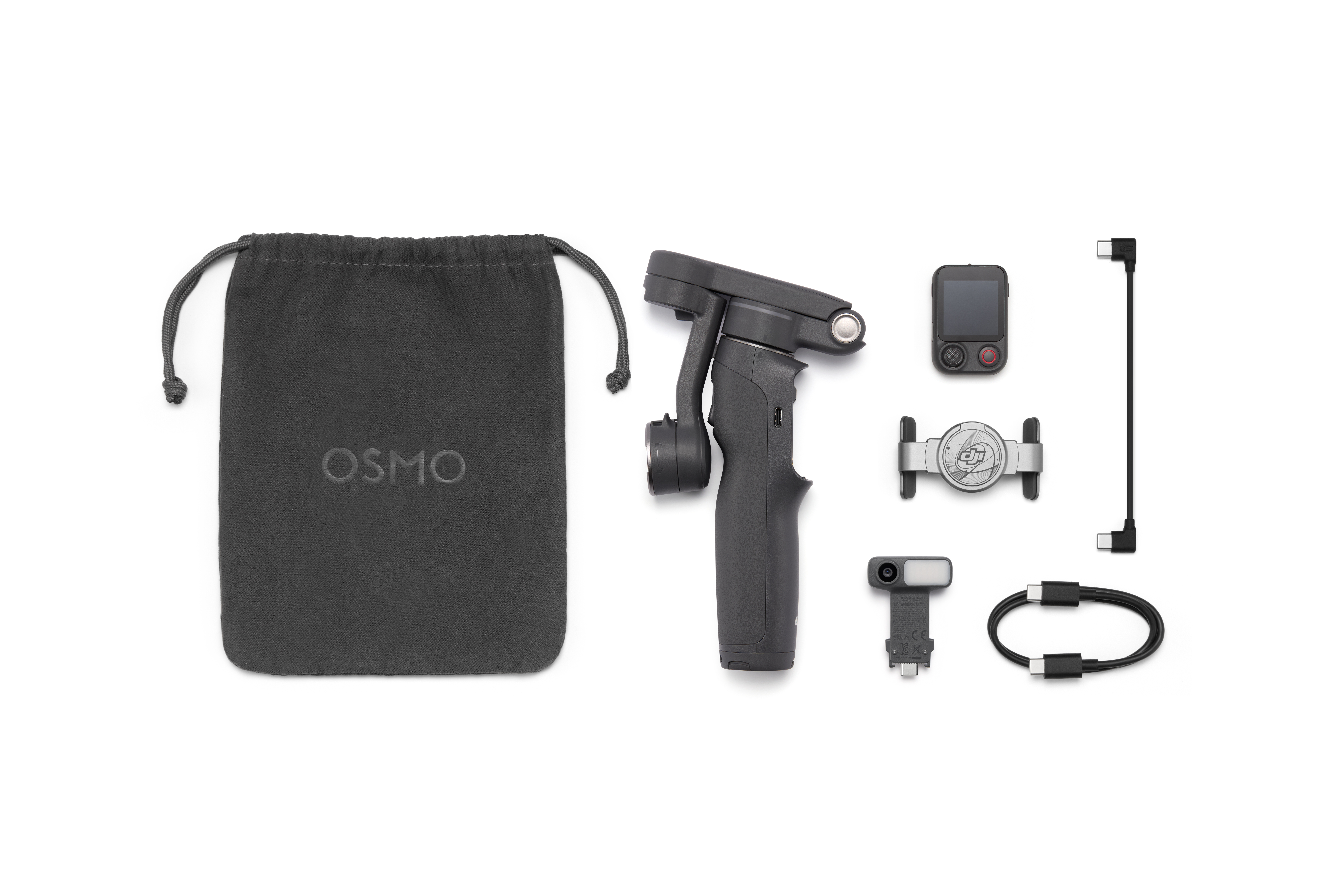Ein schwarzer OSMO-Beutel neben einem Gimbal, einem kleinen Bildschirm, einer Halterung, einem Licht und Kabeln.