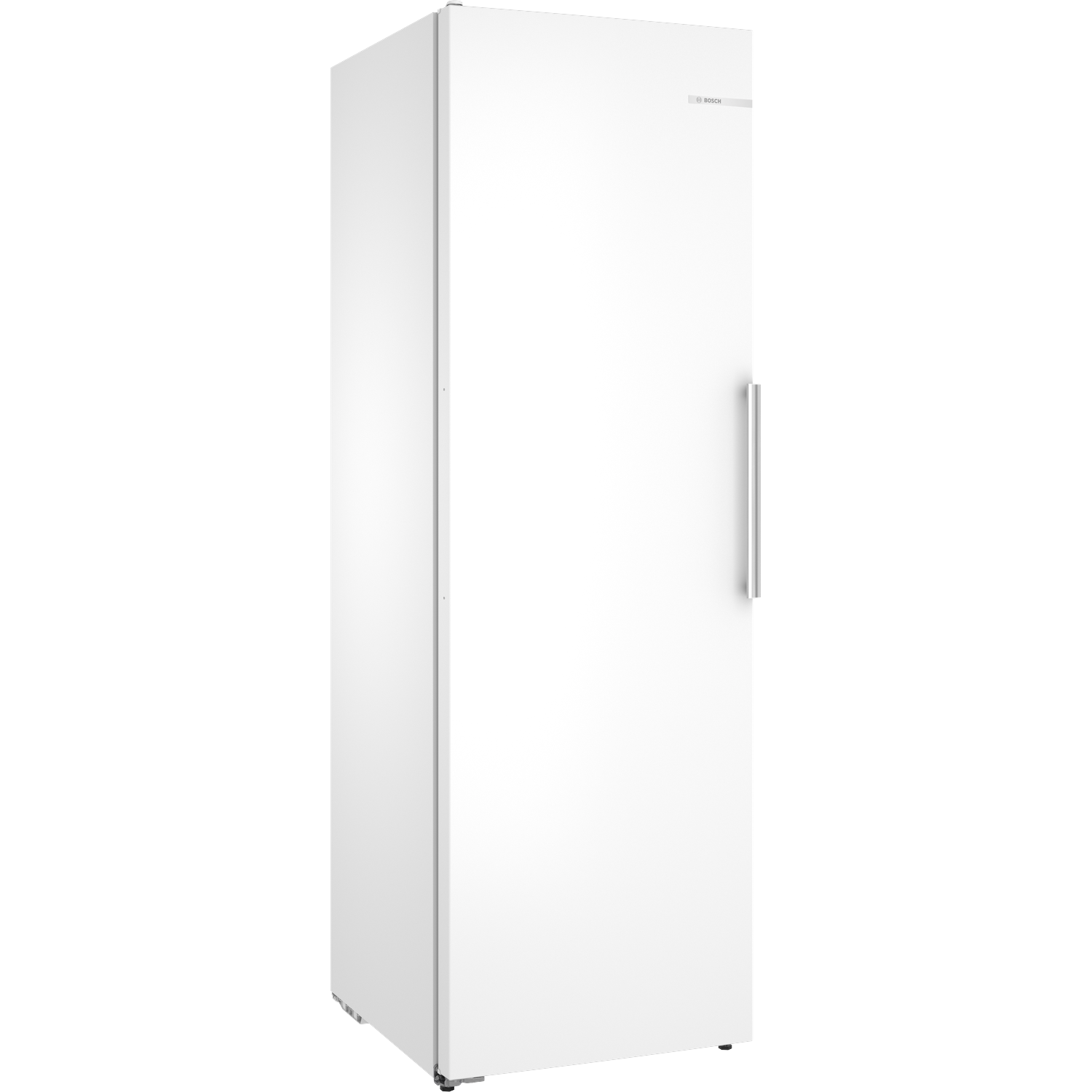 A white Bosch freezer with a silver handle against a white background.
