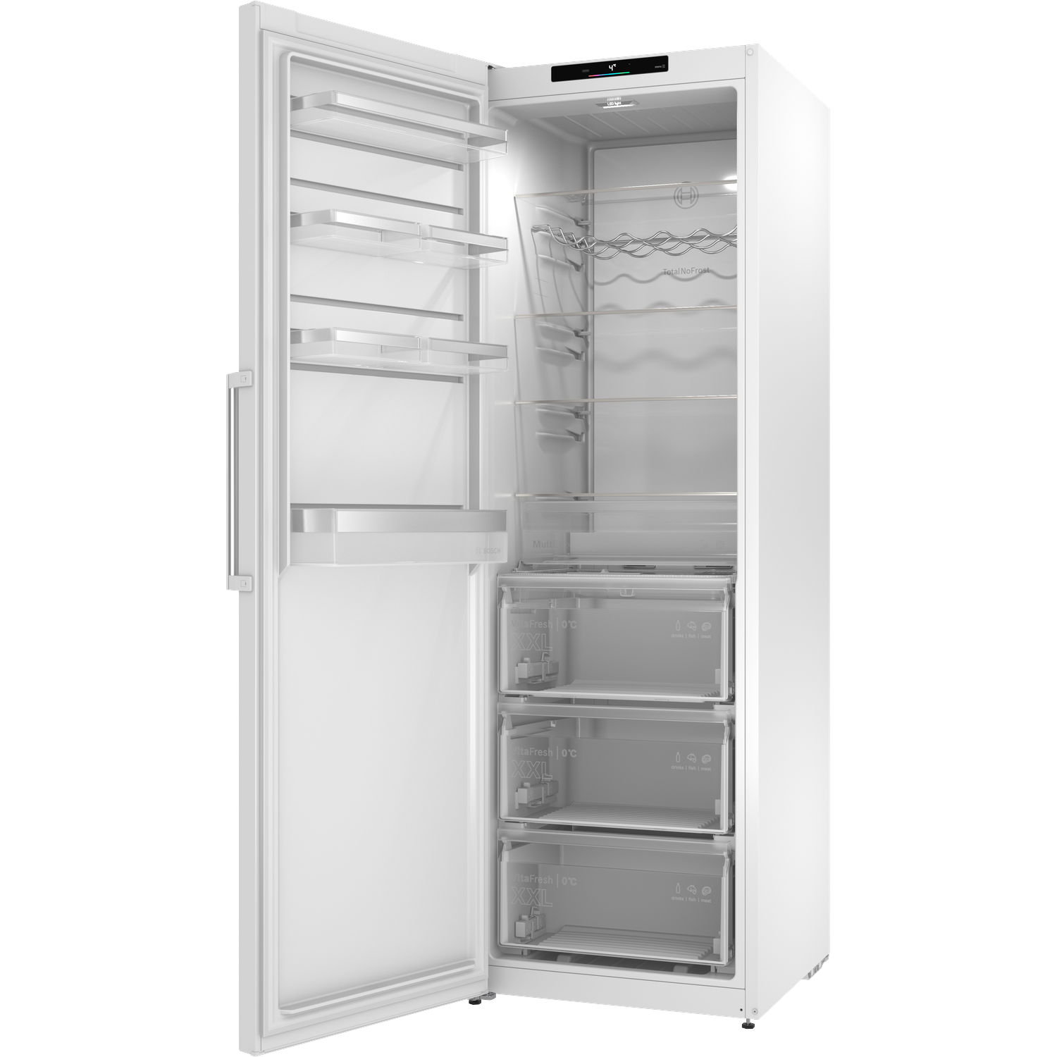 A white refrigerator with its door open, empty, featuring three drawers.