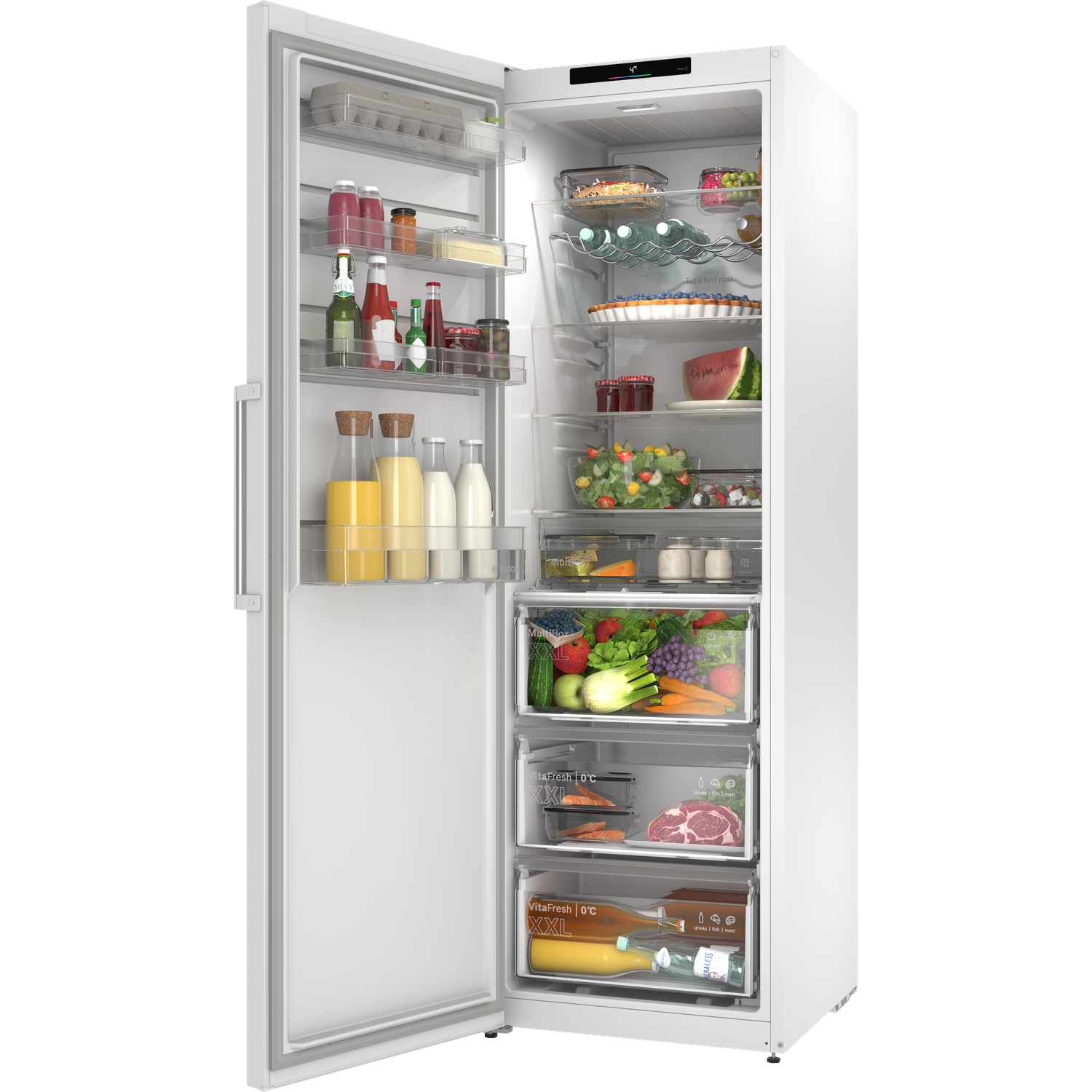 An open white refrigerator filled with food: eggs, bottles, fruits, vegetables, meat, and juice.