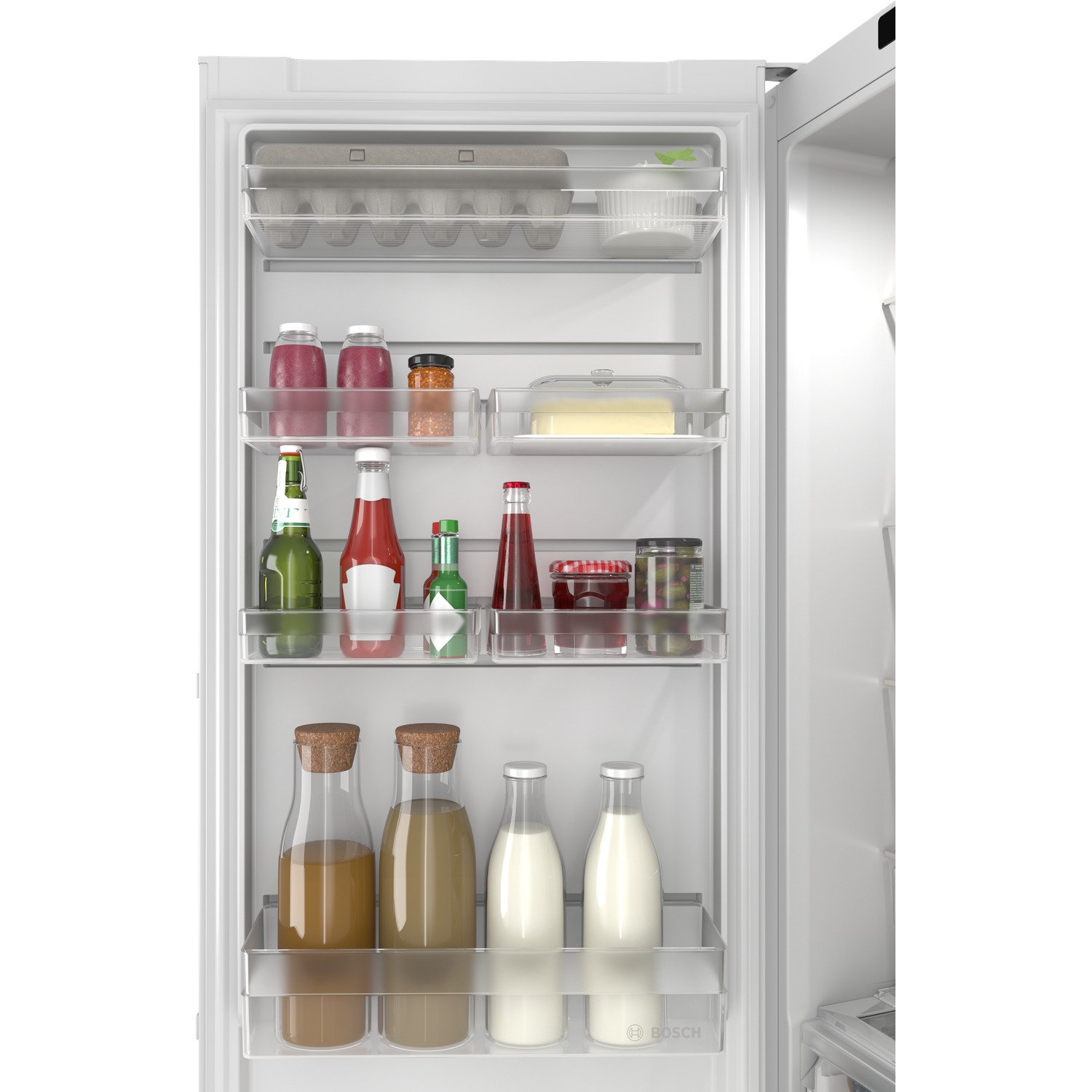 Open refrigerator with shelves holding drinks, jars, butter, and egg carton.