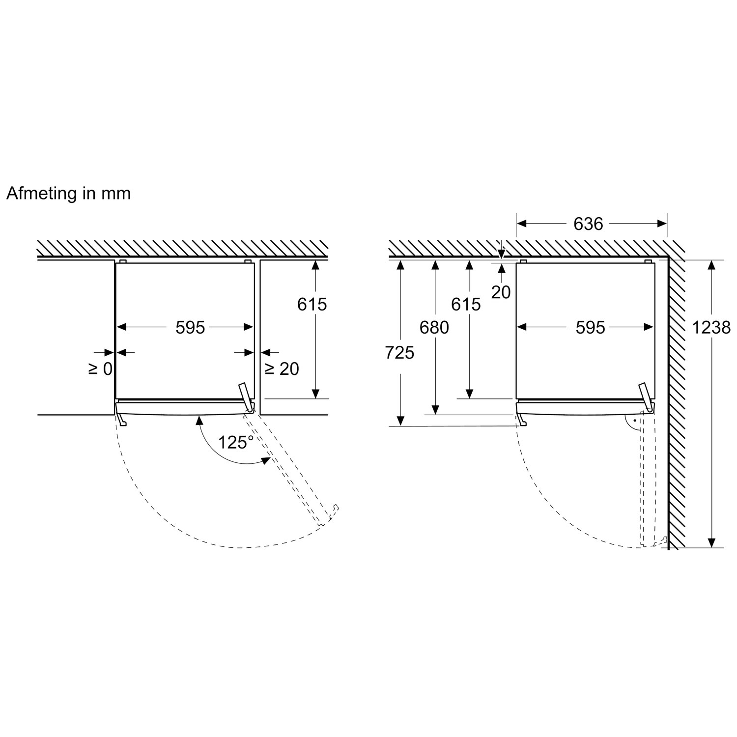 Technical drawing with dimensions for built-in appliances.