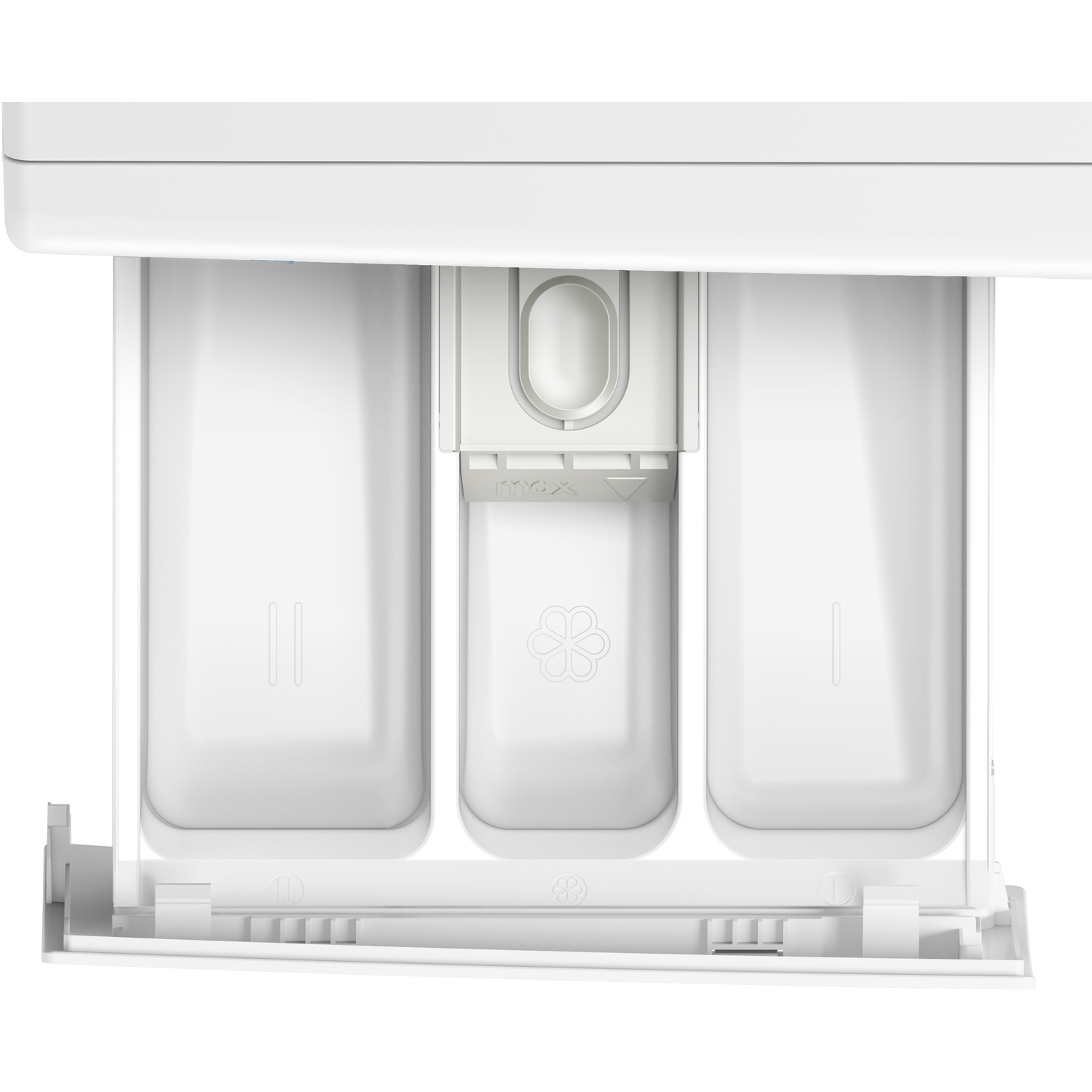 White detergent drawer with three compartments, one with a flower symbol.
