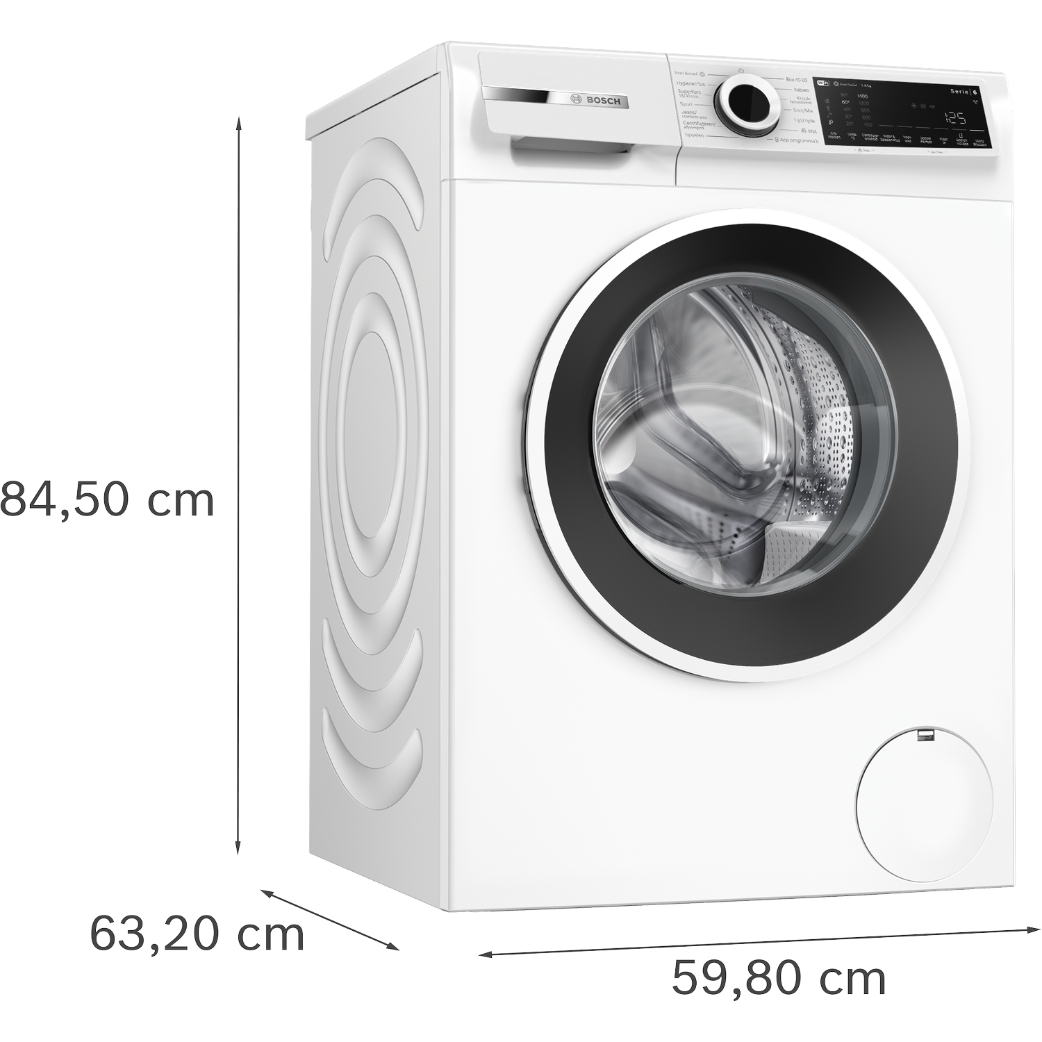 A white Bosch washing machine with a silver door and control panel.