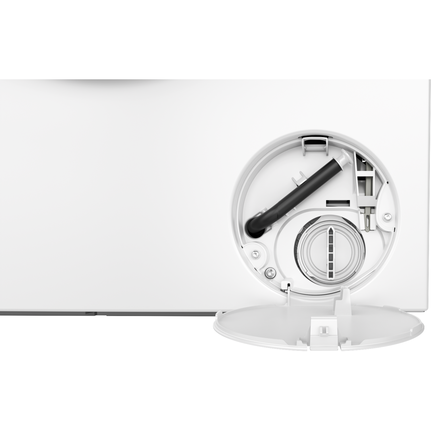 Close-up of a white appliance with an open compartment and a black hose.