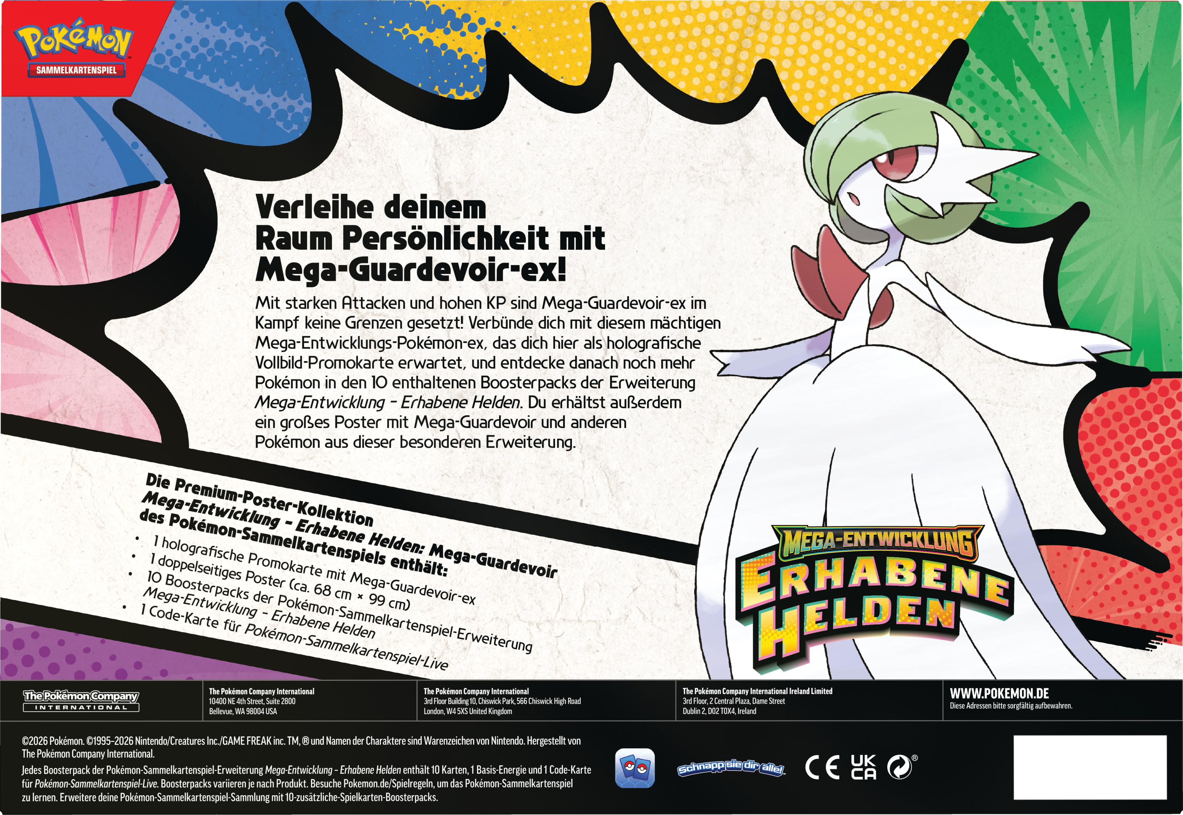 Mega-Guardevoir-ex auf Pokémon-Sammelkartenspiel-Werbung mit Text und Logos.