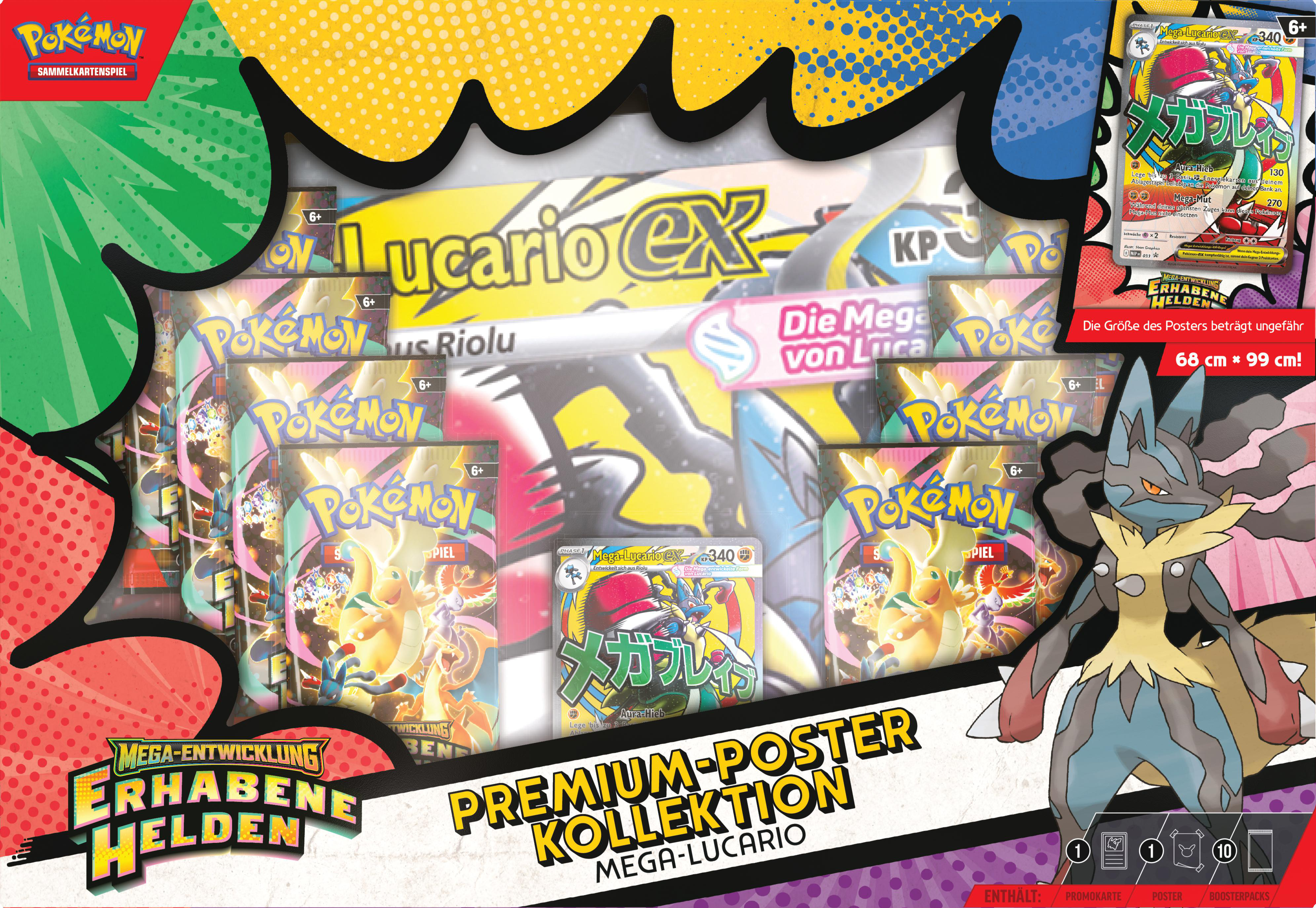 Pokemon Mega-Lucario EX Kollektion mit Karten, Poster und Boosterpacks.