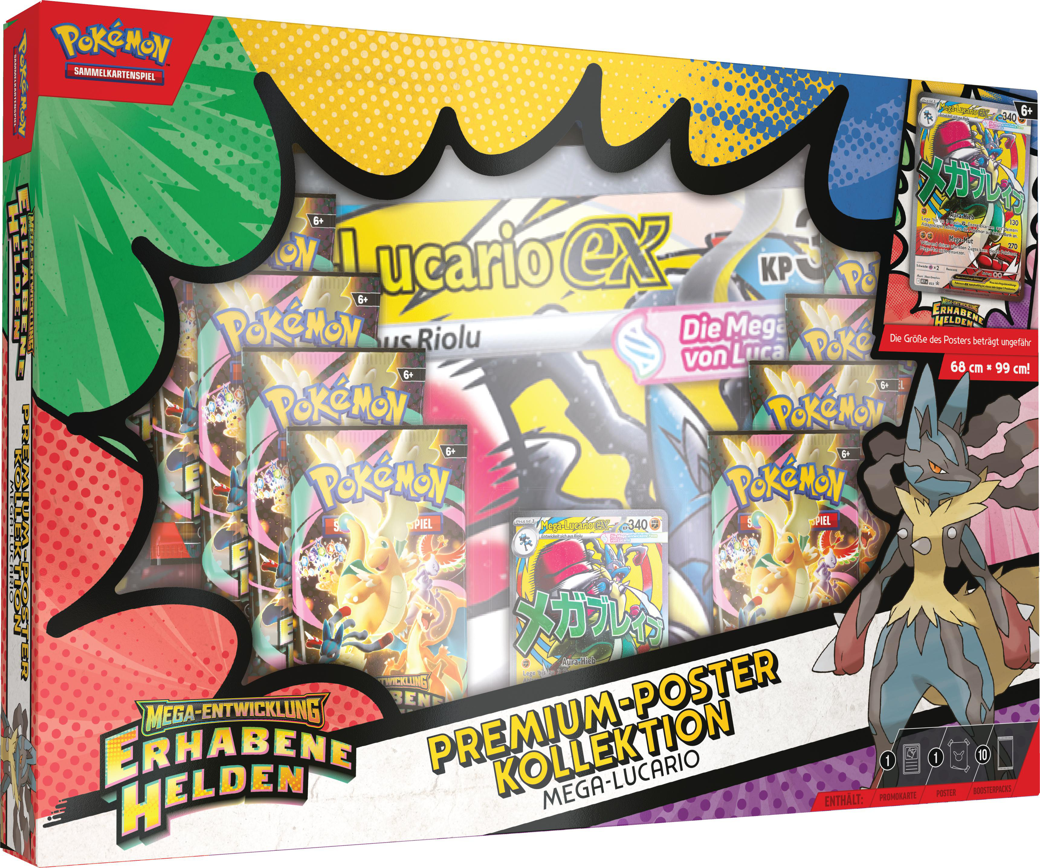 Pokemon Sammelkartenspiel Premium-Poster Kollektion mit Mega-Lucario und Boostern.