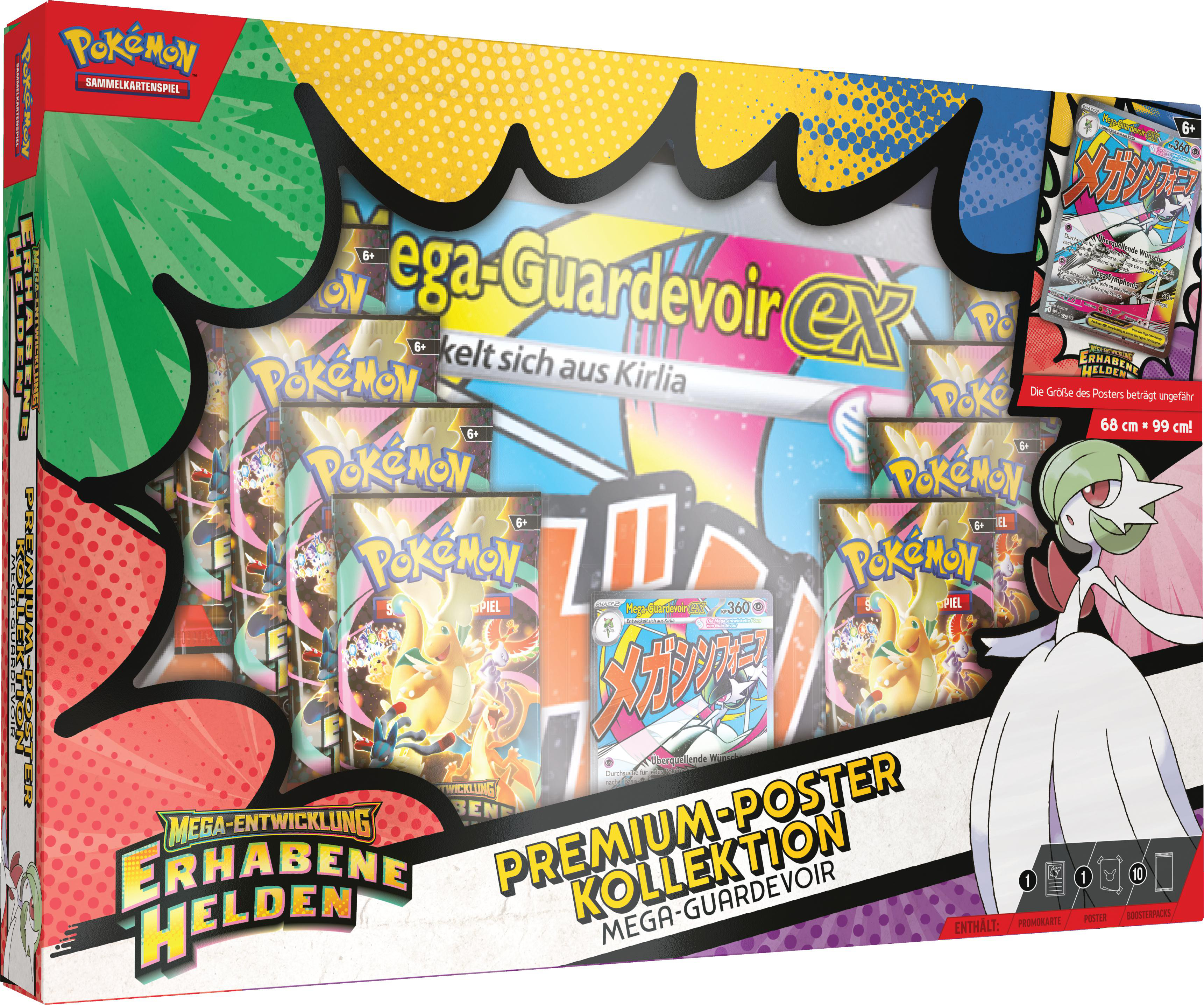 Pokémon Sammelkarten-Box mit Mega-Guardevoir EX, Postern und Boosterpacks.