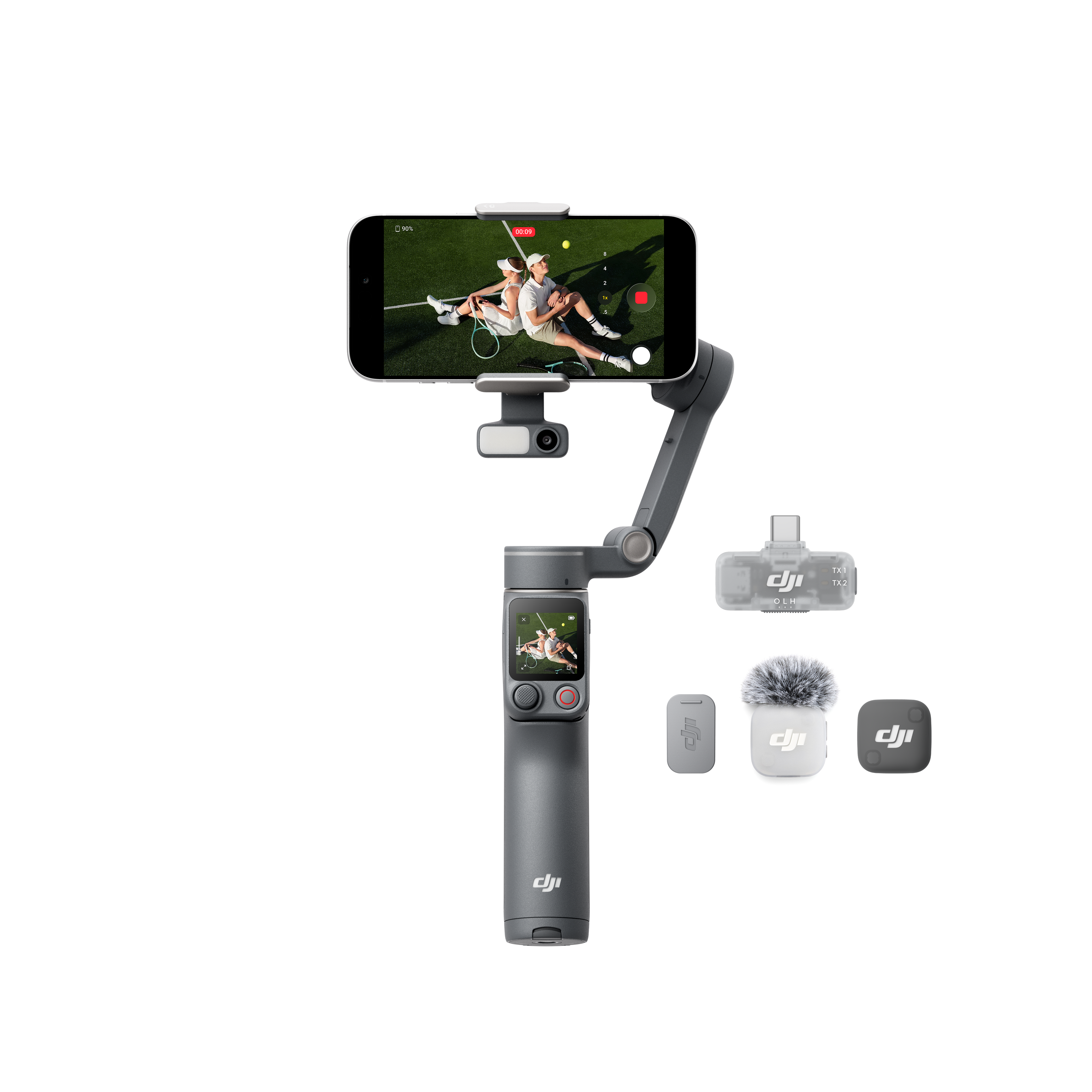 Ein Gimbal mit Smartphone, Mikrofon und Zubehör vor schwarzem Hintergrund.