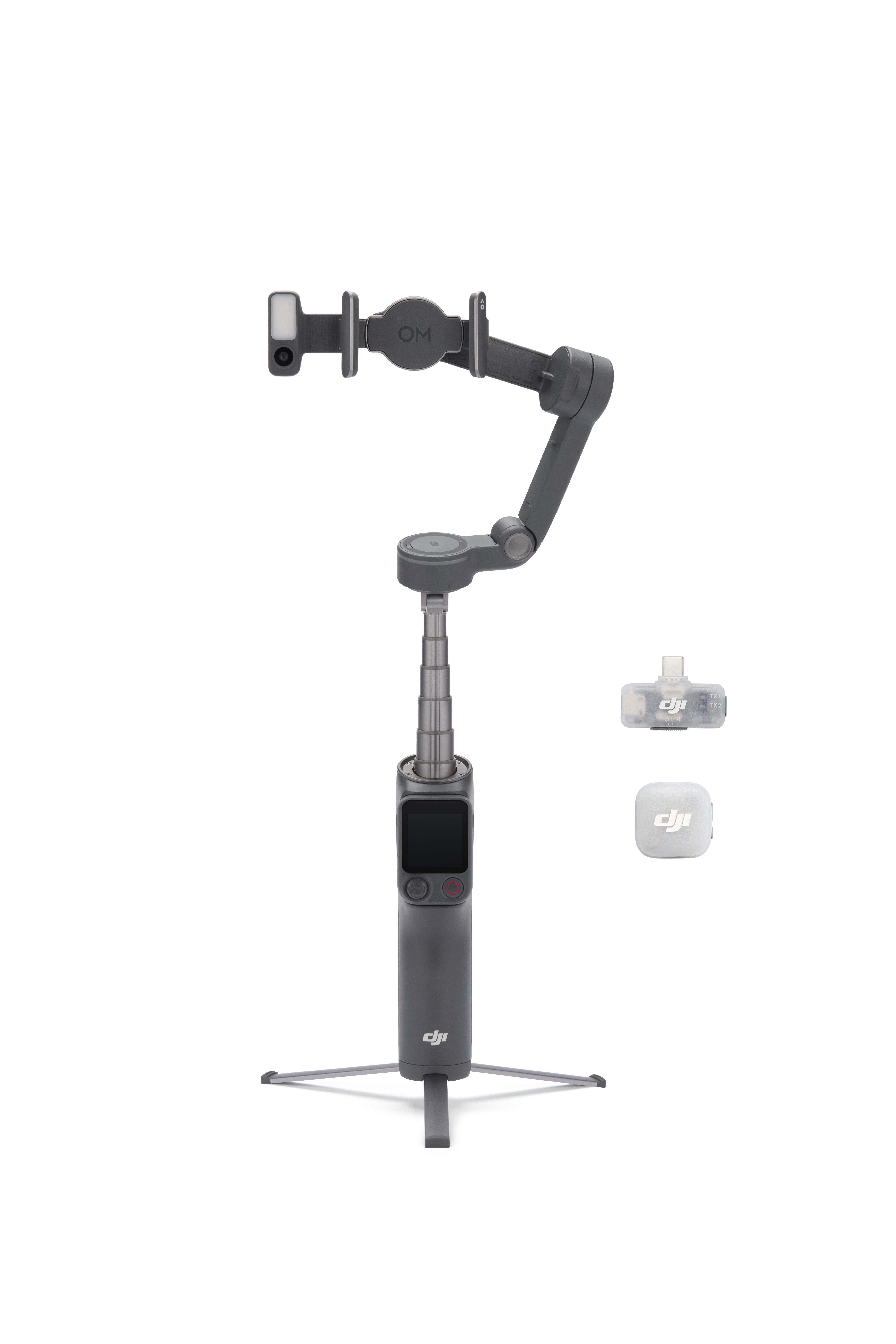 Grauer Gimbal mit ausziehbarem Stab, Telefonhalterung und zwei Zubehörteilen.