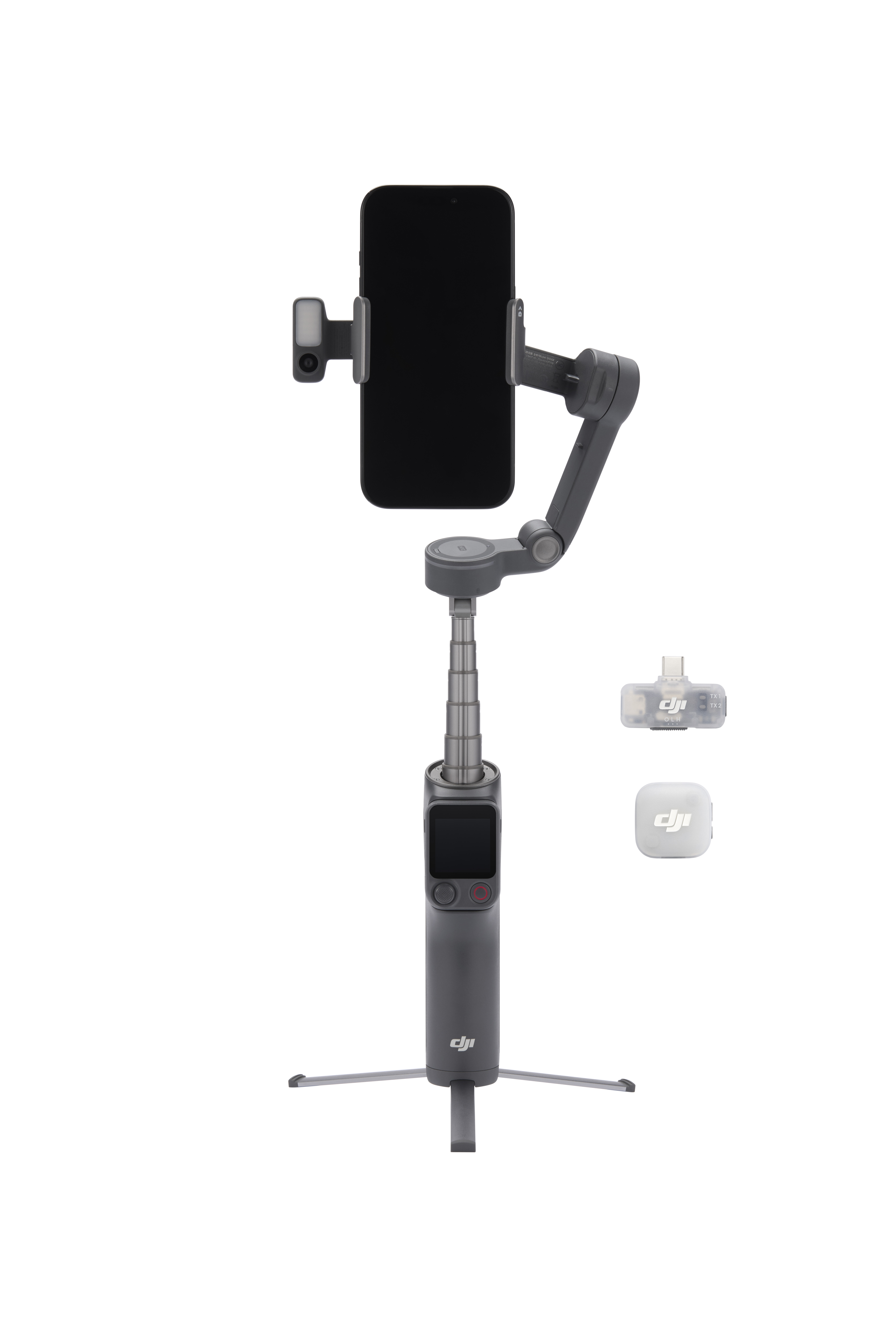 Grauer Gimbal mit Smartphone, Mikrofon und Stativ.