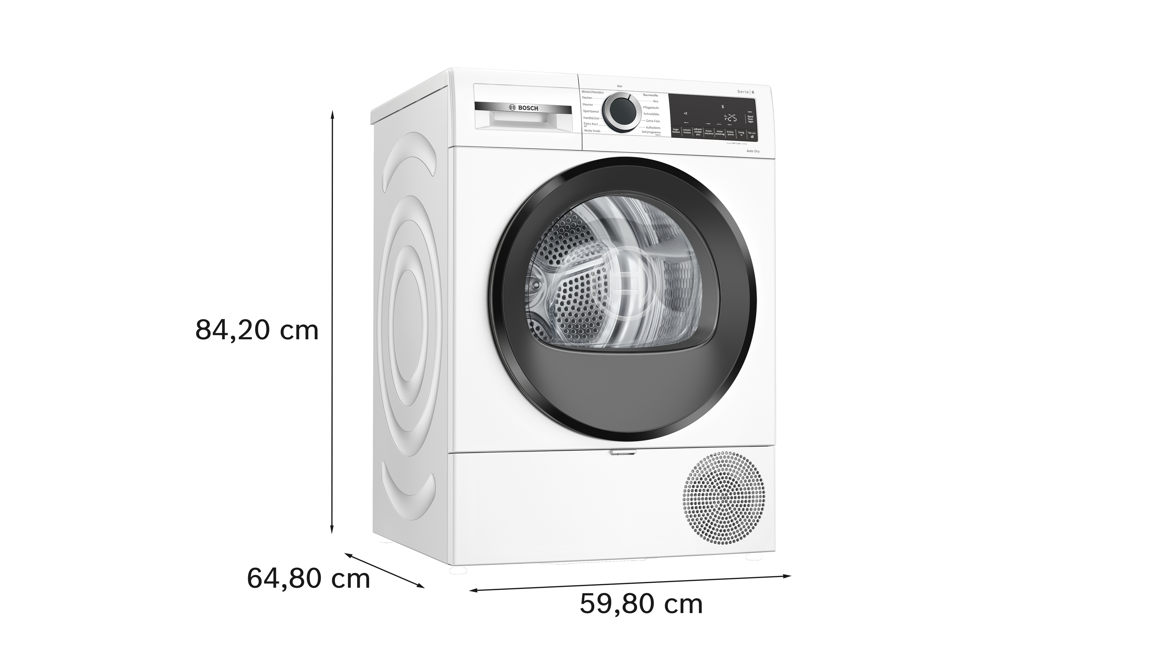 Weiße Bosch Wäschetrockner Serie 6 mit digitalem Display und Maßen 84x64x59cm.