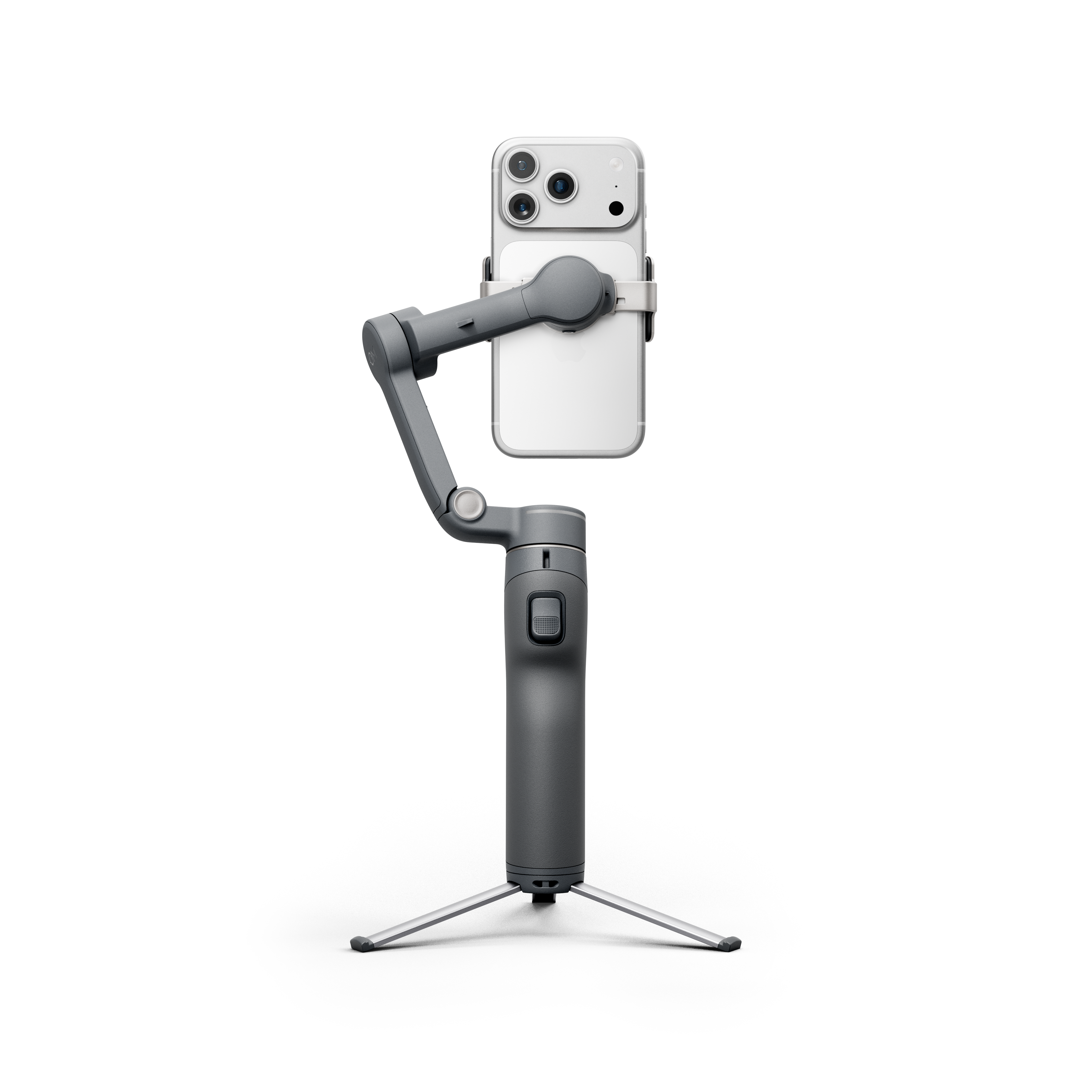 Ein grauer Gimbal hält ein weißes Smartphone mit drei Kameras.