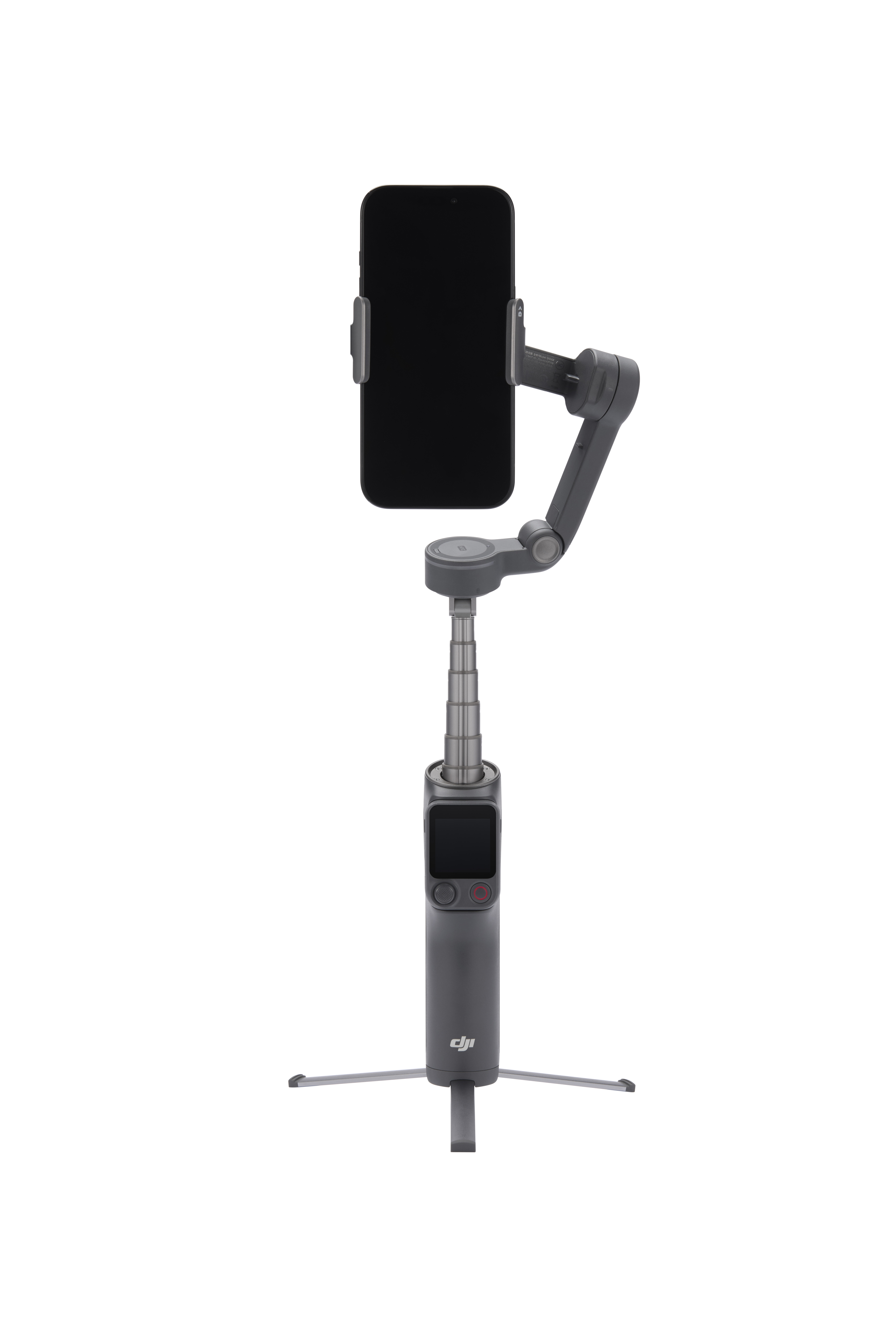 Ein grauer Smartphone-Gimbal mit ausgefahrenem Stativ und aufgesetztem Handy.